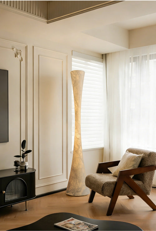 Handmade Mulberry Silk Hourglass Floor Lamp in White - 01 01-scene-mulberry-silk-hourglass-floor-lamp-living-room