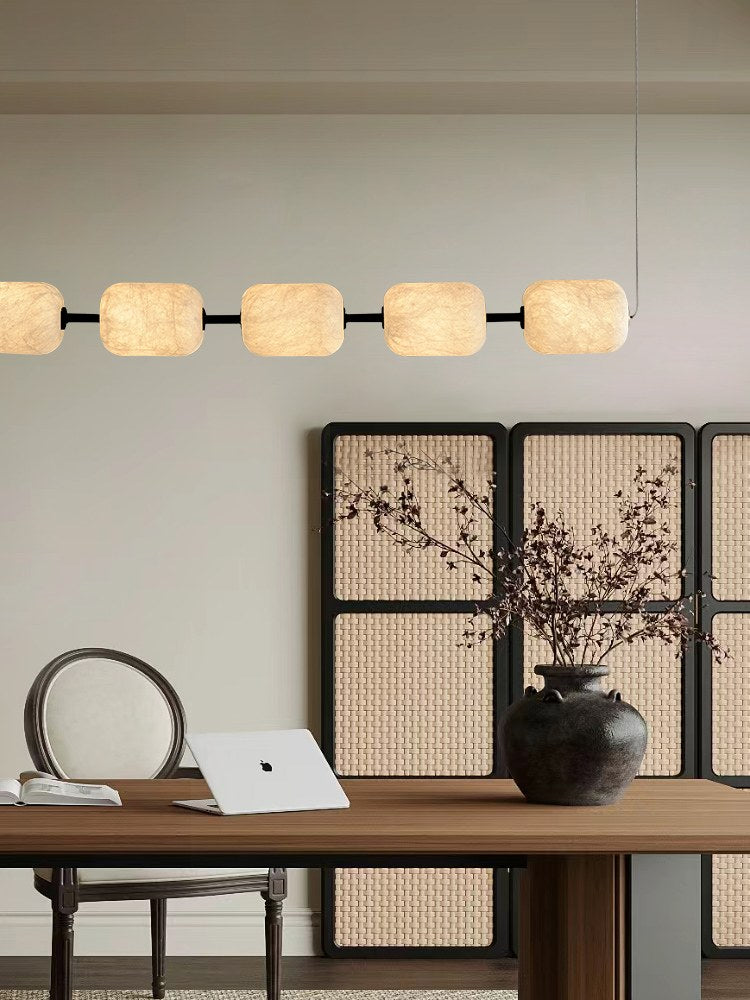 Modern Mulberry Silk Linear Pendant Light in White and Black - 01 01-scene-mulberry-silk-linear-pendant-dining-room