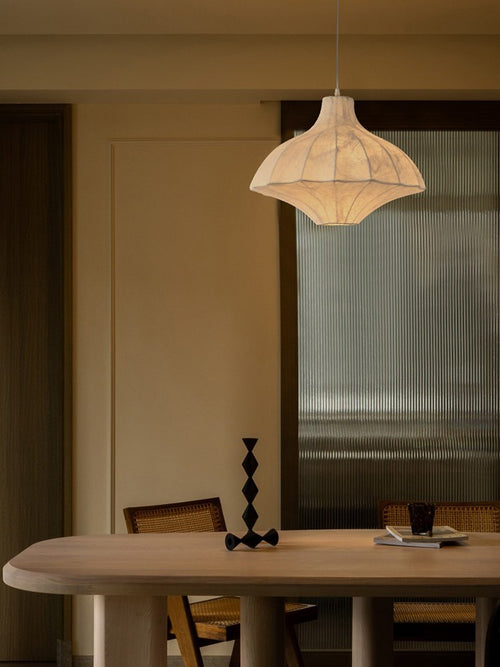 Handmade Mulberry Silk Lotus Pendant Light in White - 01 01-scene-mulberry-silk-lotus-pendant-dining-room
