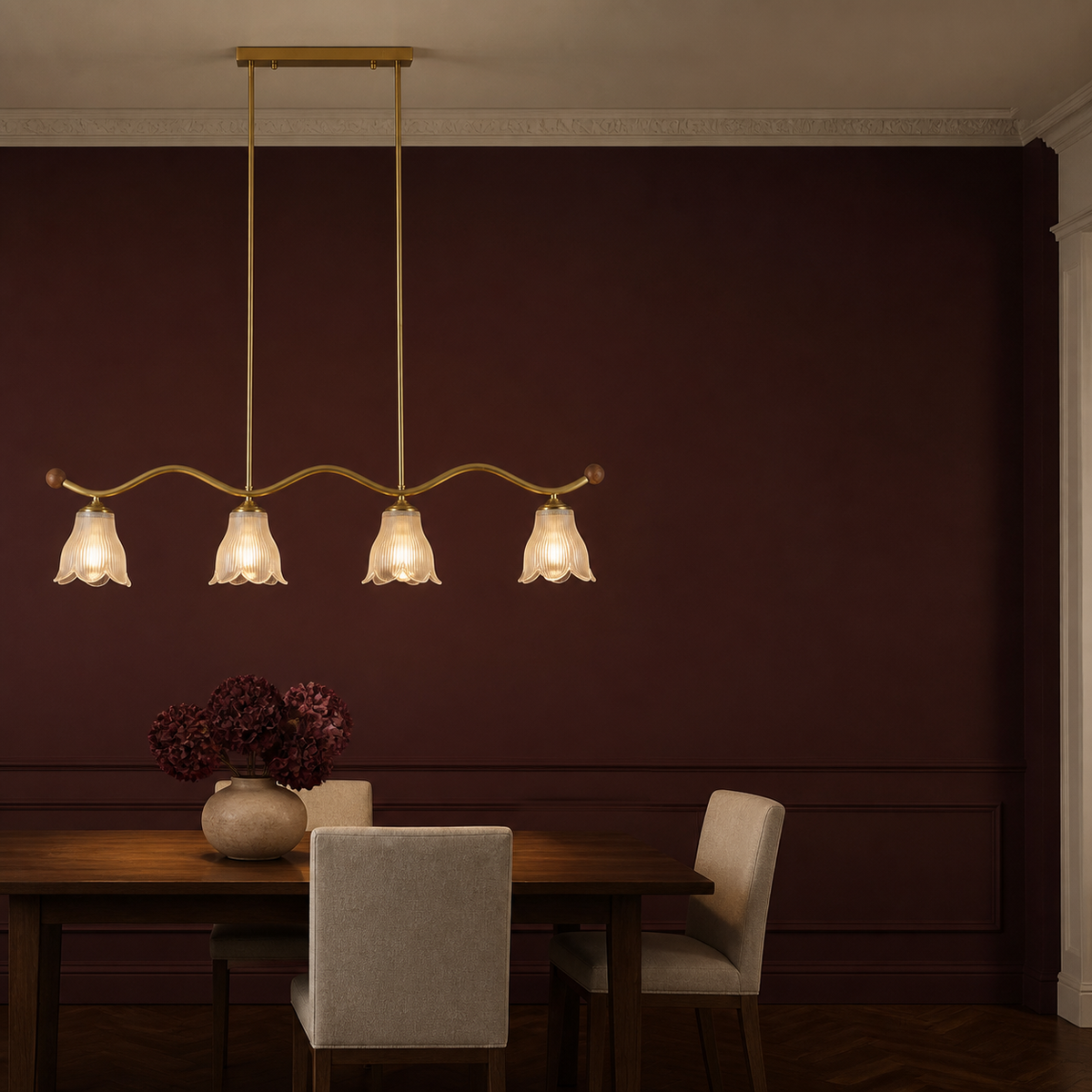 Four-light wave-bar ribbed glass linear chandelier on the left over an oxblood dining room