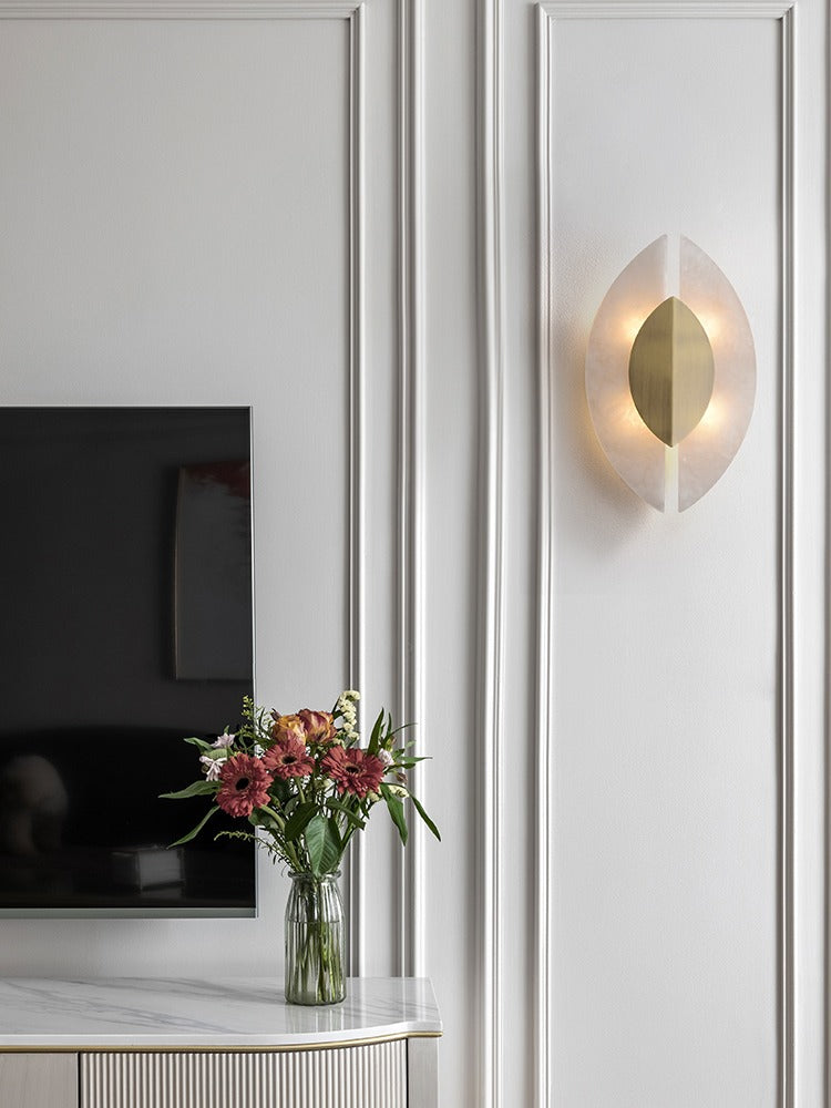 Modern Alabaster Leaf Wall Sconce in Antique Brass - 01 01-scene-tv-wall