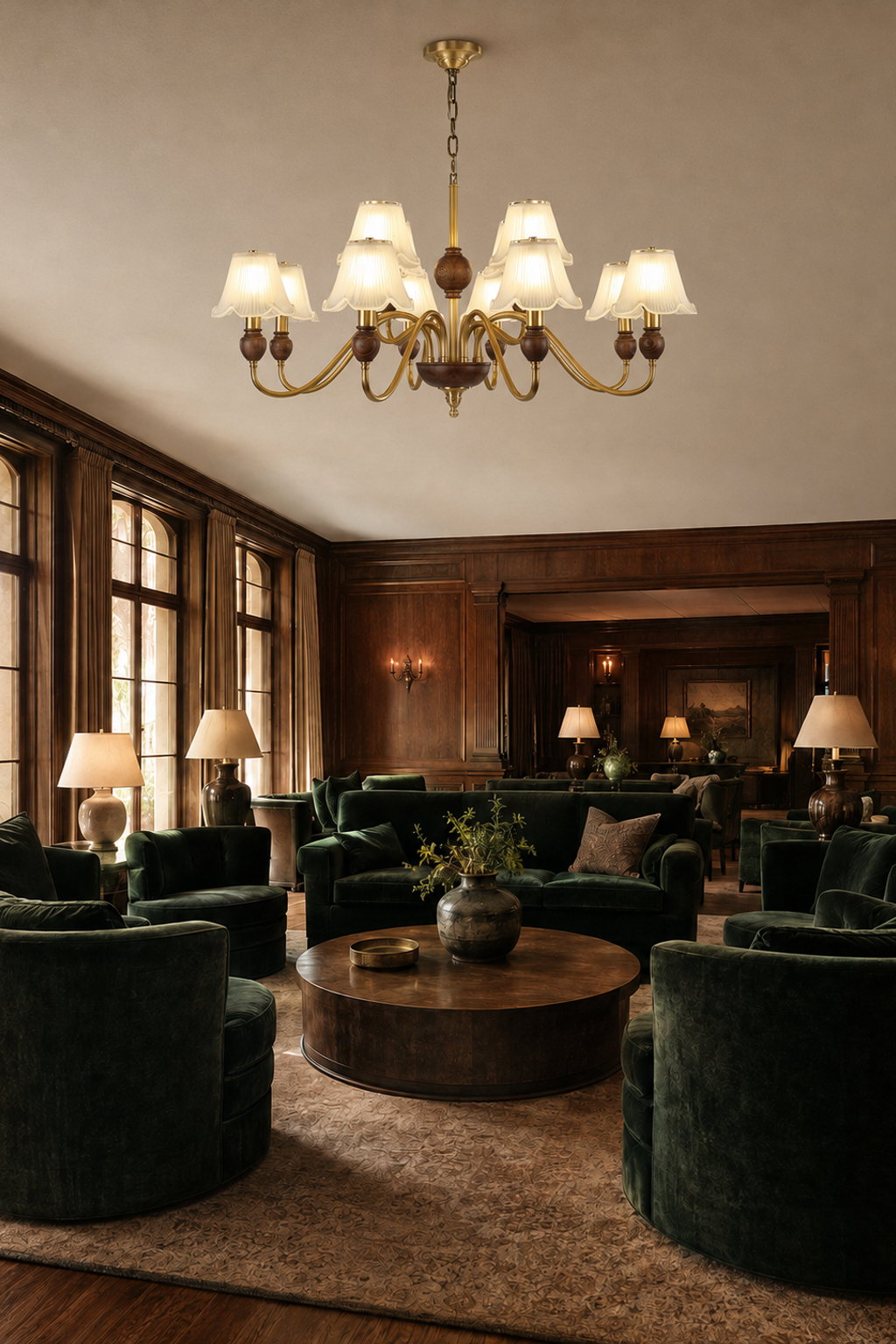 Sorrelune eight-light scalloped glass chandelier centered in a dark walnut hotel lounge