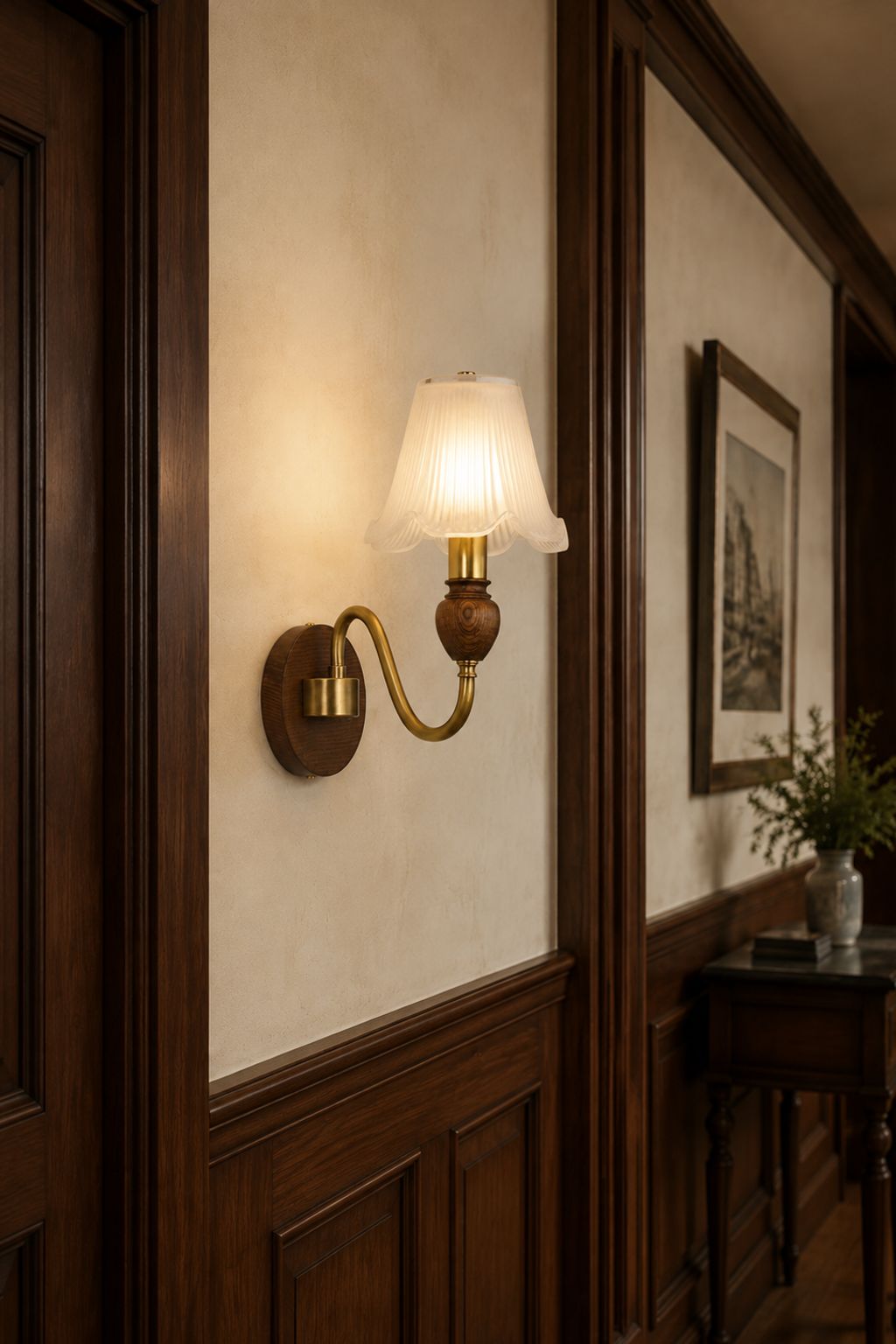 Sorrelune one-light scalloped glass wall sconce in a dark walnut hallway