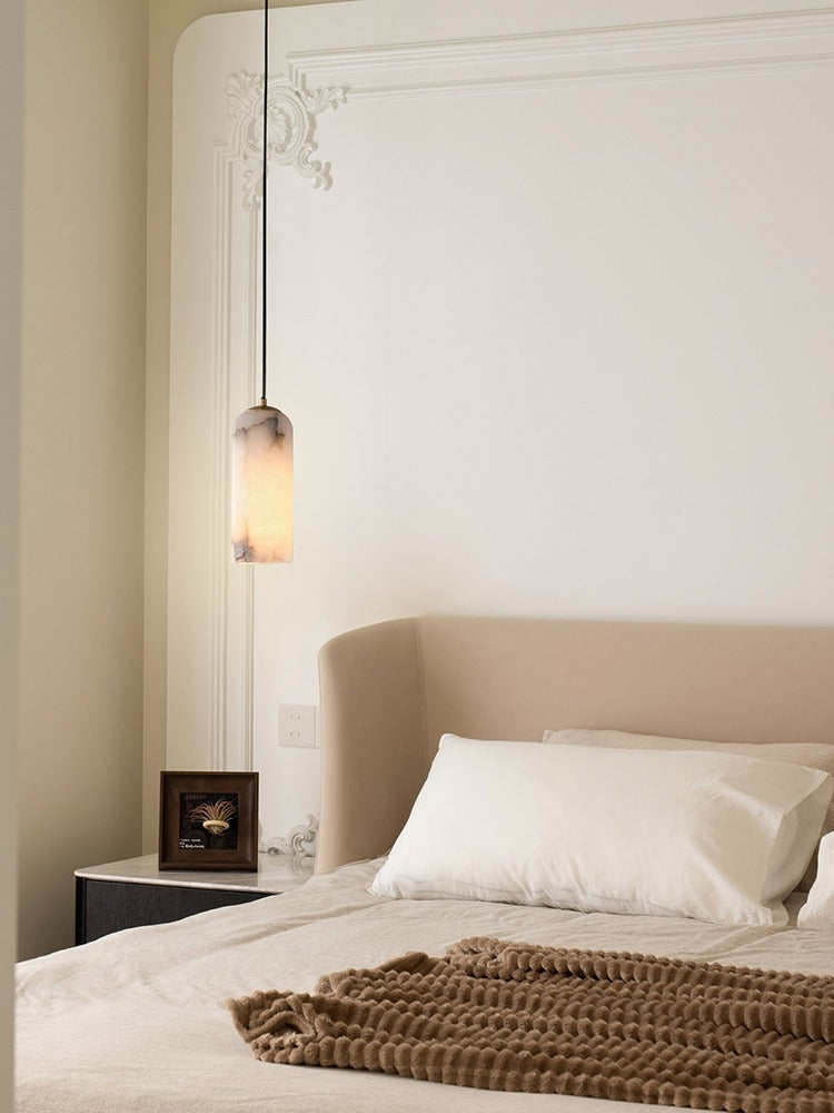Modern Brass Marble Cylinder Pendant Light - 12 01-source-bedroom-pendant-scene