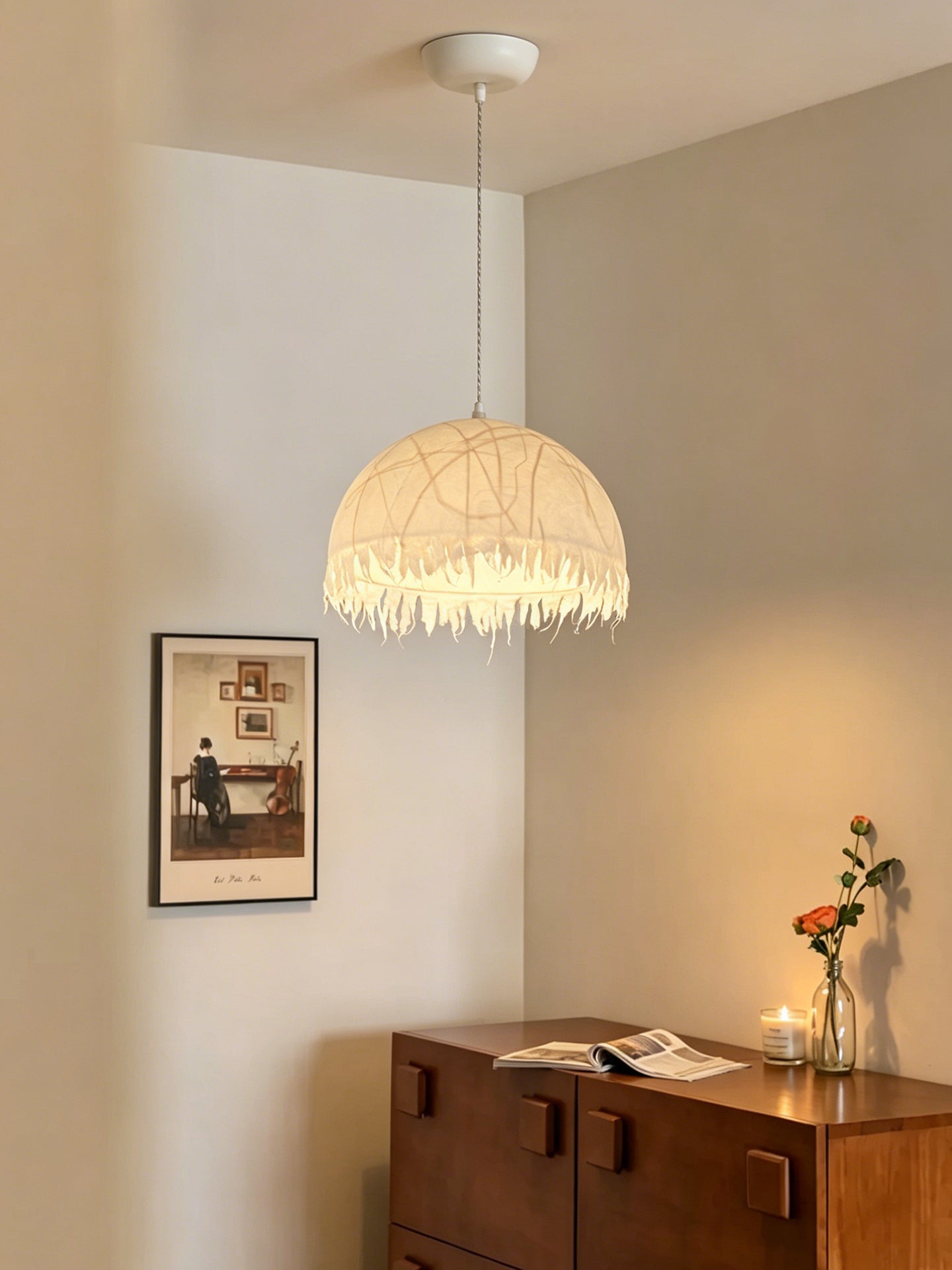 Modern Mulberry Silk Fringe Dome Pendant Light - 12 01-source-bedroom-pendant-scene