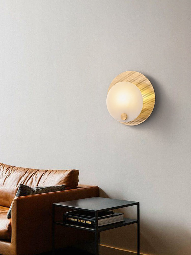 Modern Perforated Copper Alabaster Round Wall Sconce - 14 01-source-living-room-side-table-wall-sconce-scene