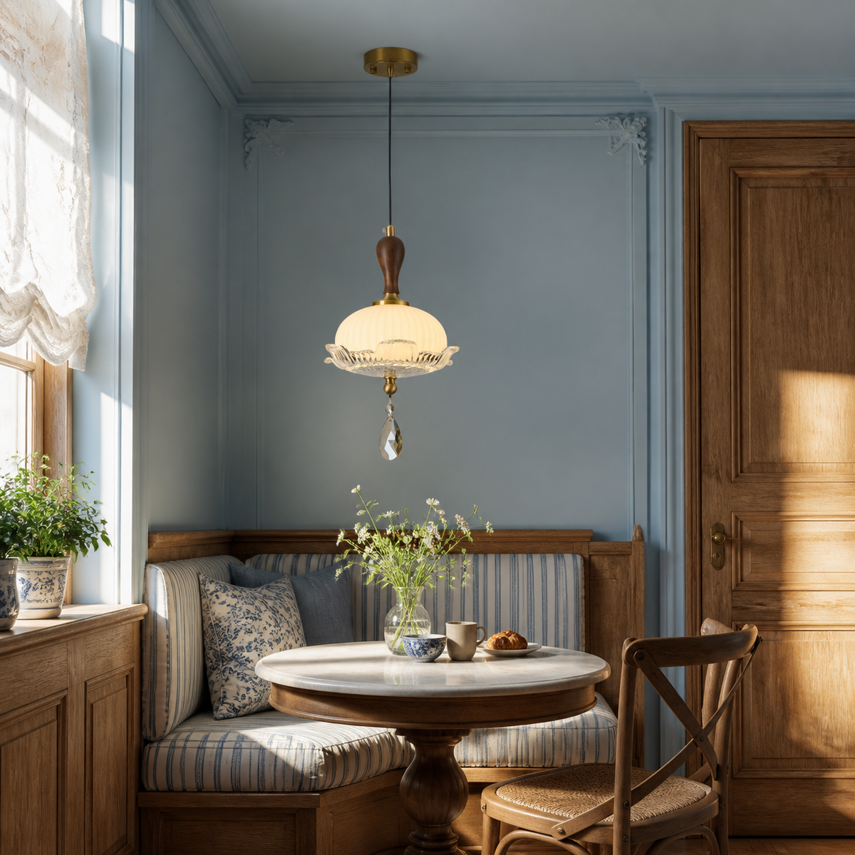 Valloren Pendant A centered in a powder blue breakfast alcove with a flush ceiling canopy