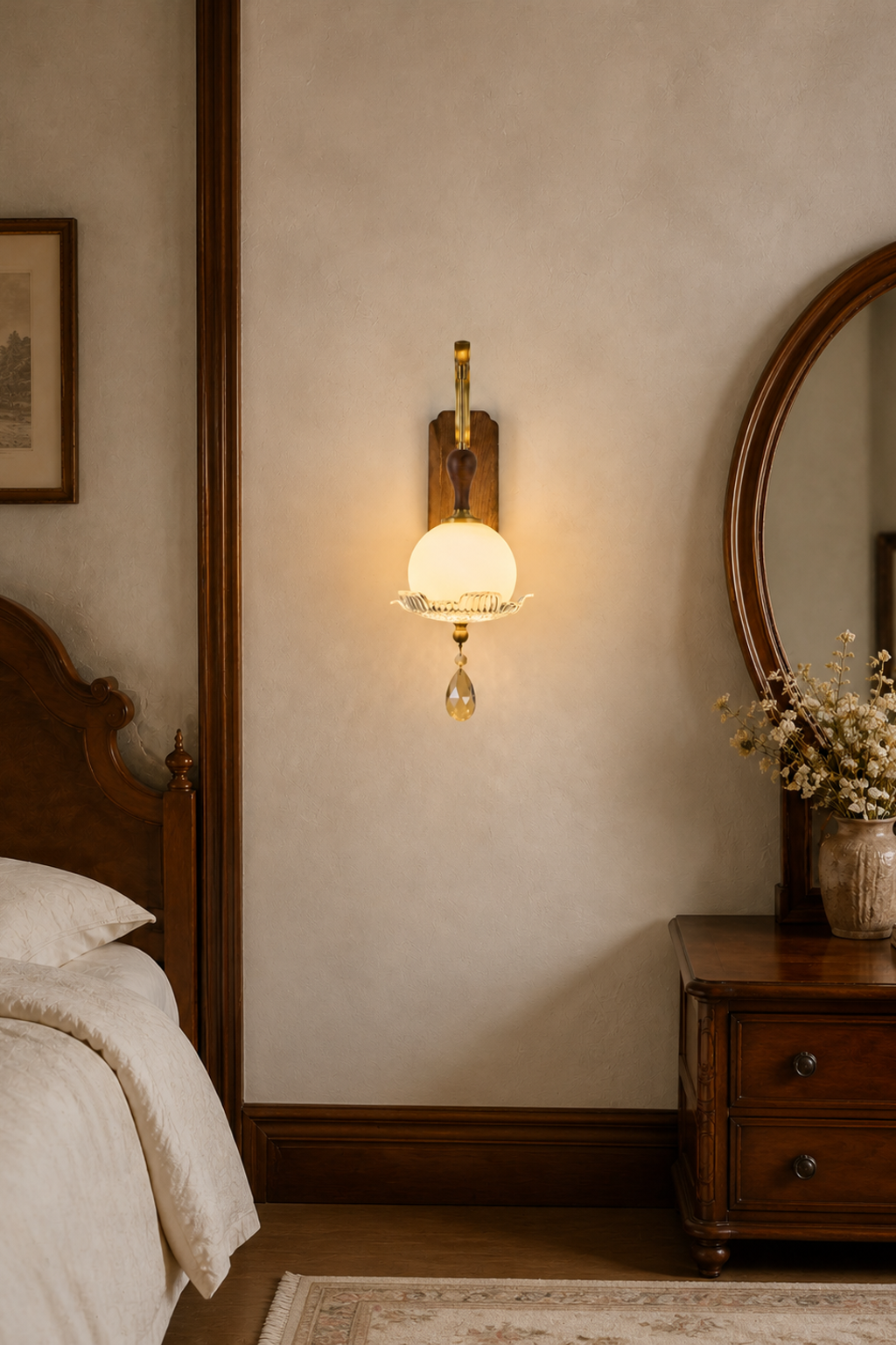 Virdelune rounded opal globe wall sconce illuminated in a warm residential interior
