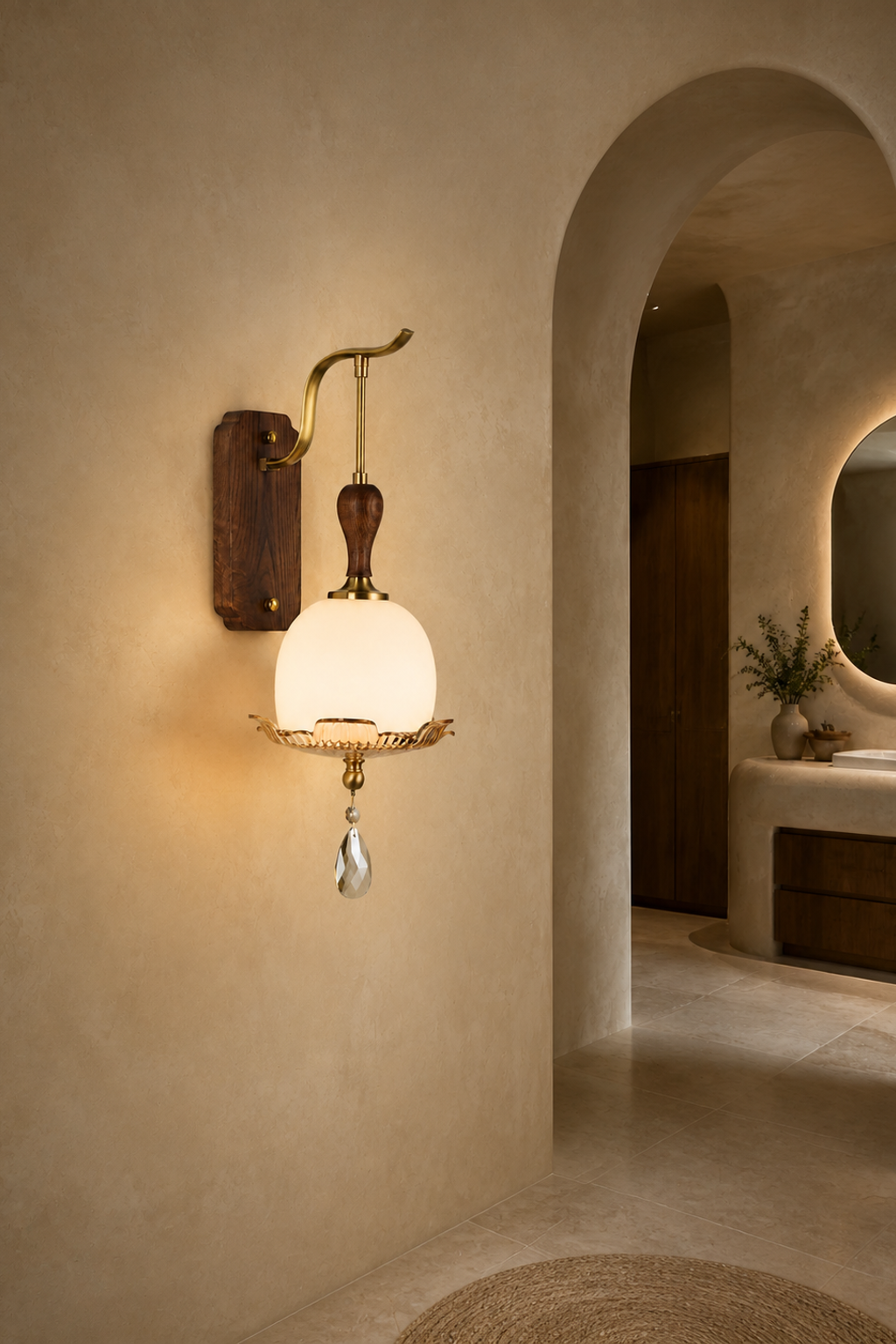 Virdelune rounded opal dome wall sconce illuminated in a warm residential interior