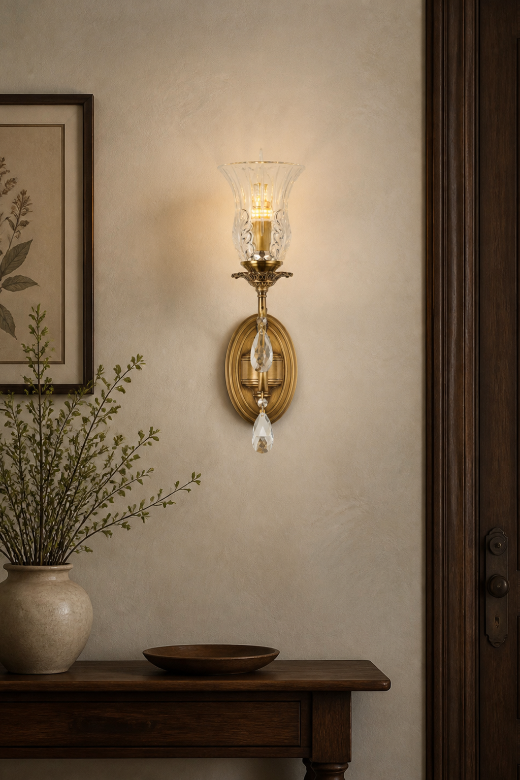 Vitrelaine one-light hurricane glass wall sconce mounted in a warm interior