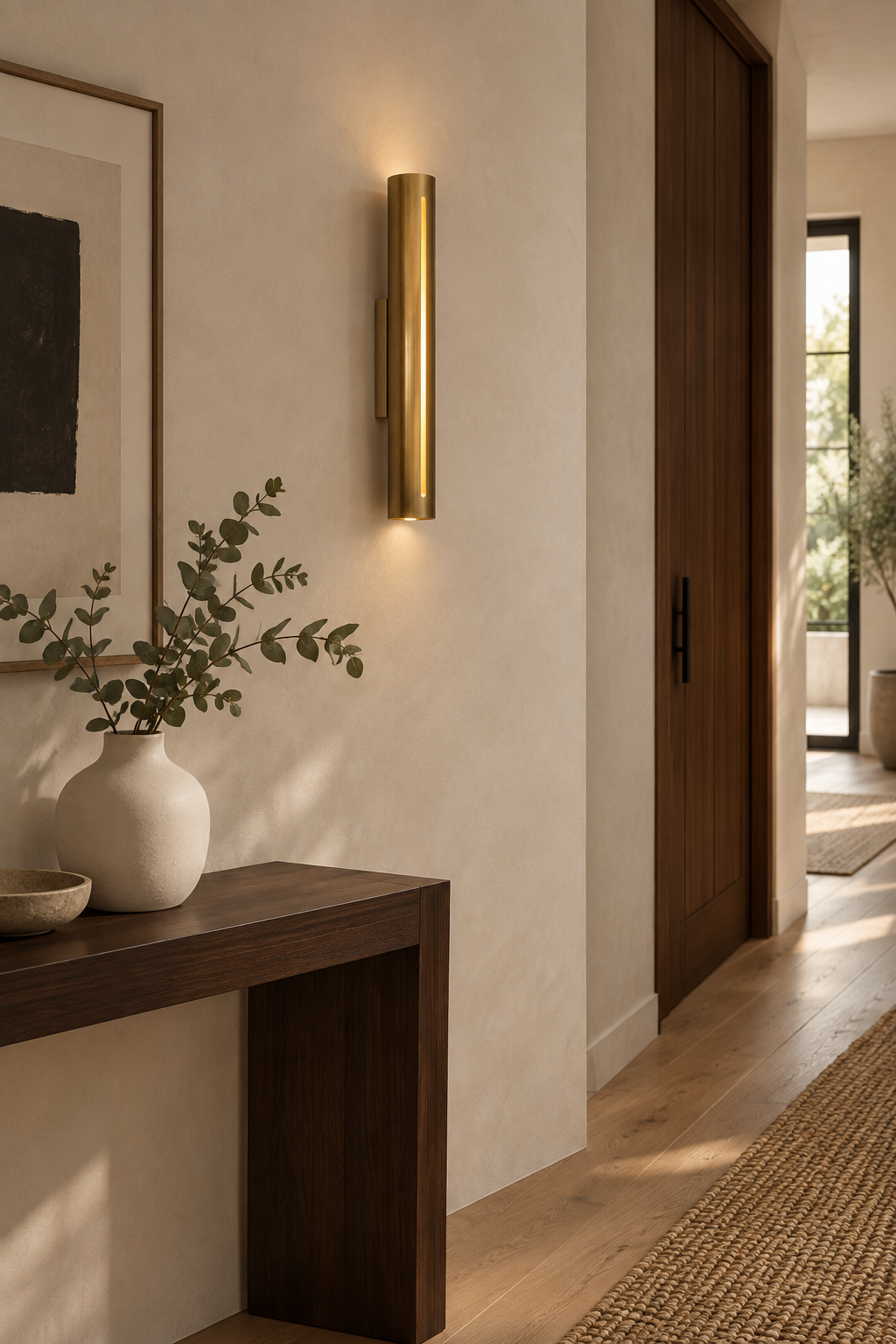 1210 brass cylinder wall sconce in a warm wood entryway