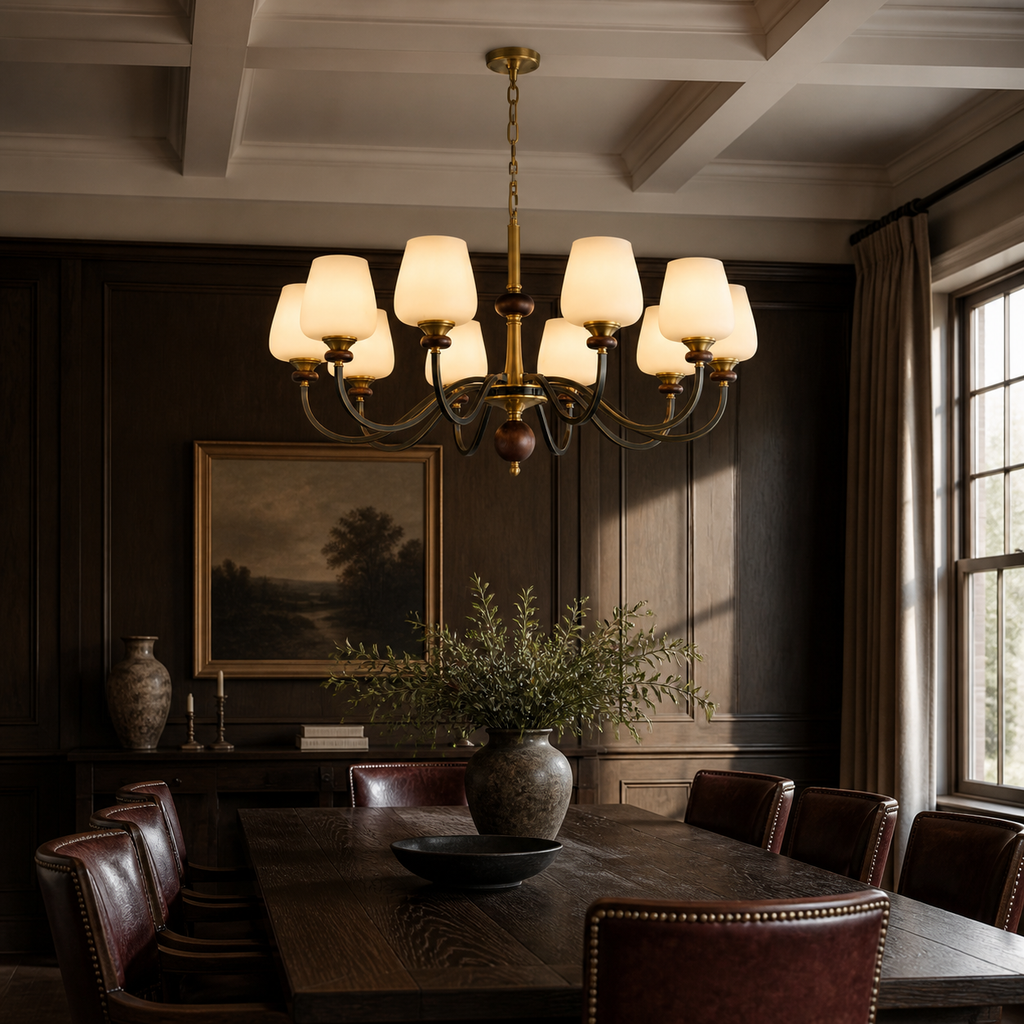Lit Wetherby ten-light chandelier centered above a dark-oak table in an English modern dining room with a flush ceiling canopy