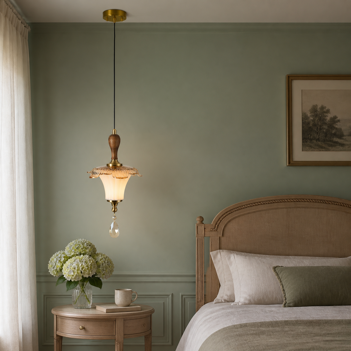 Celestine Pendant B in a celadon bedroom
