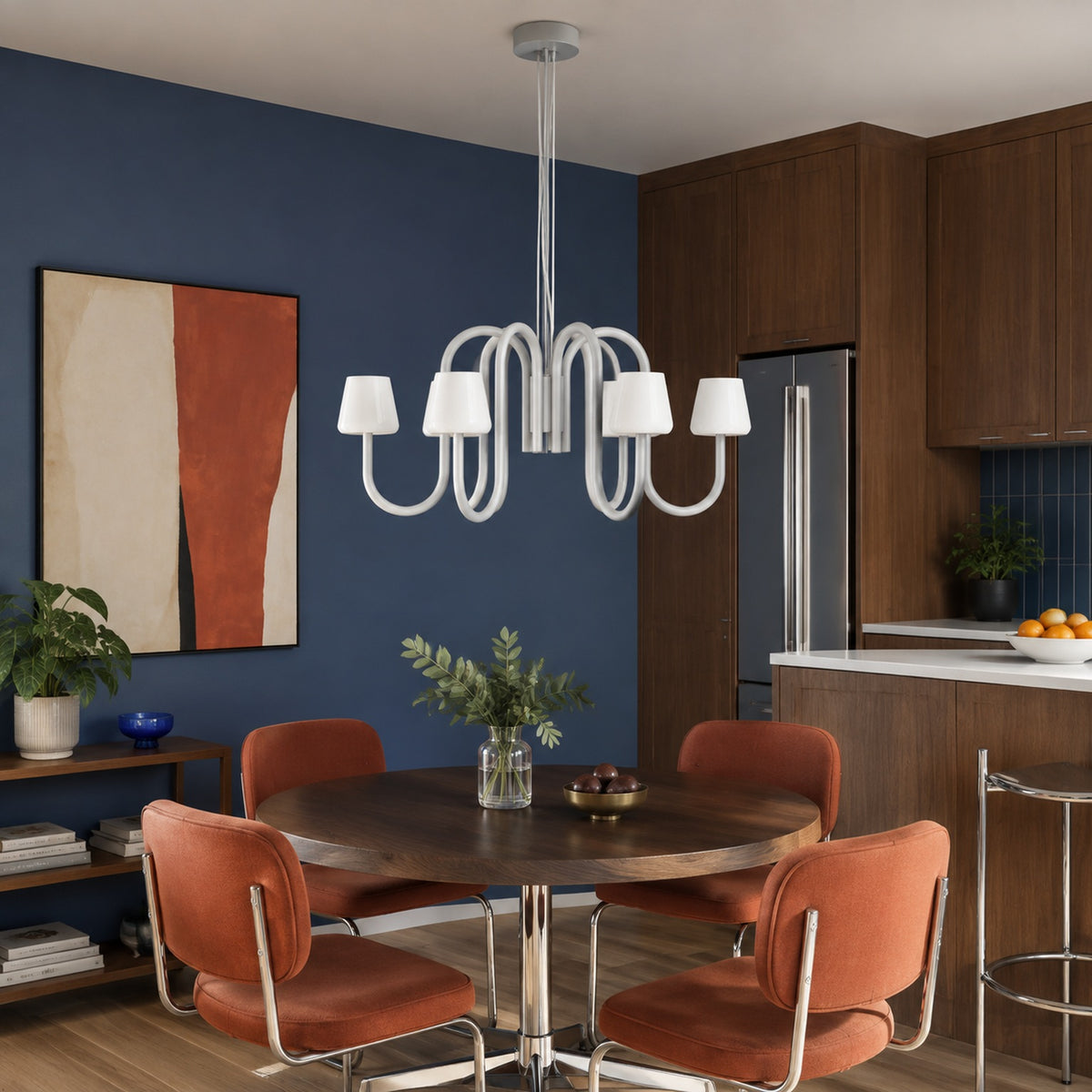 Apollo six-light chandelier above a colorful young professional dining table