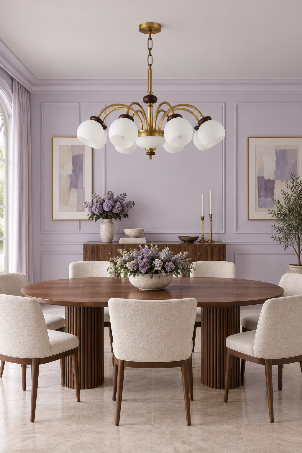 Arborenne eight-light chandelier centered above an oval walnut table in a soft-lilac neoclassical dining room, fixture off