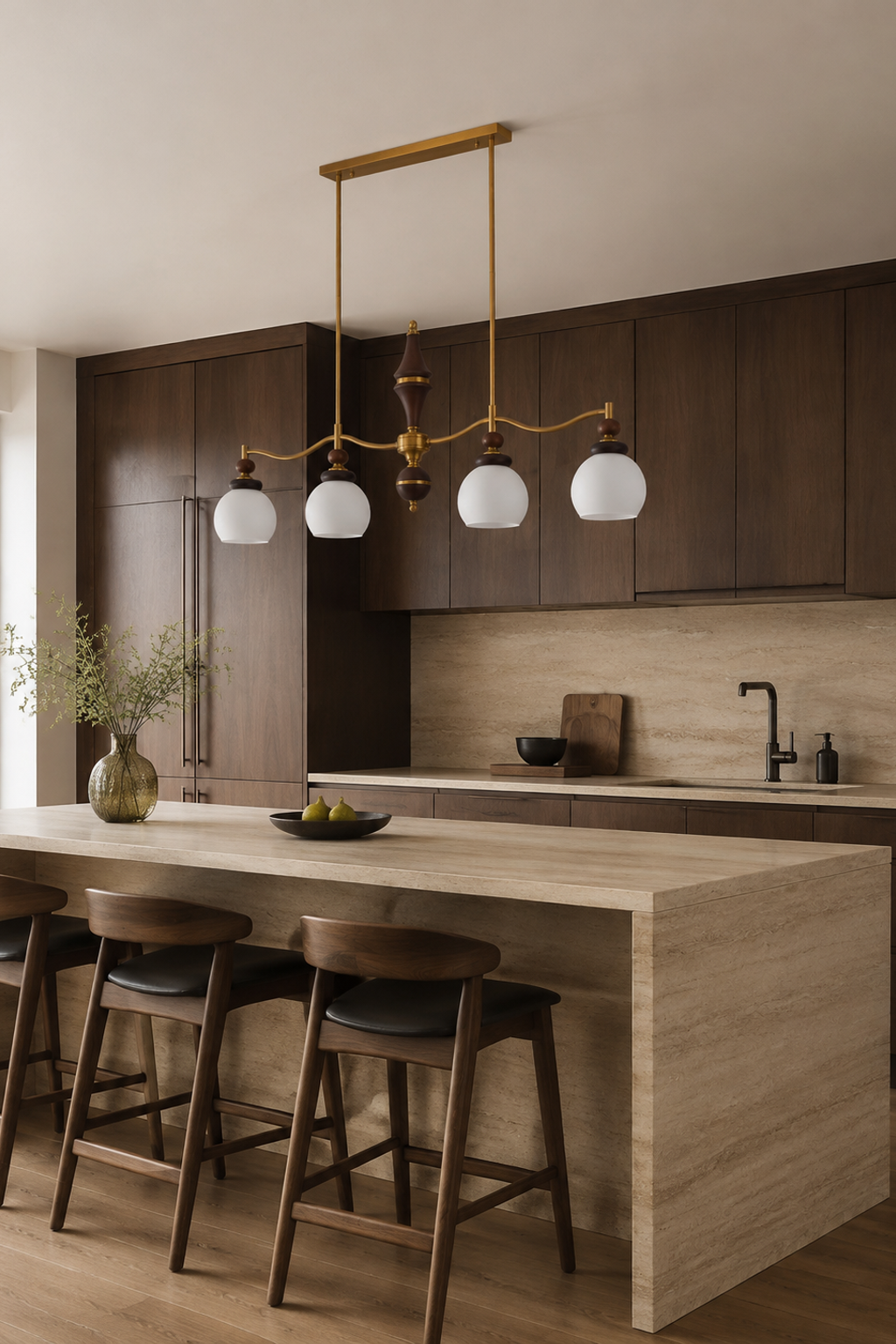 Unlit Arclorune four-light opal globe linear chandelier above a kitchen island
