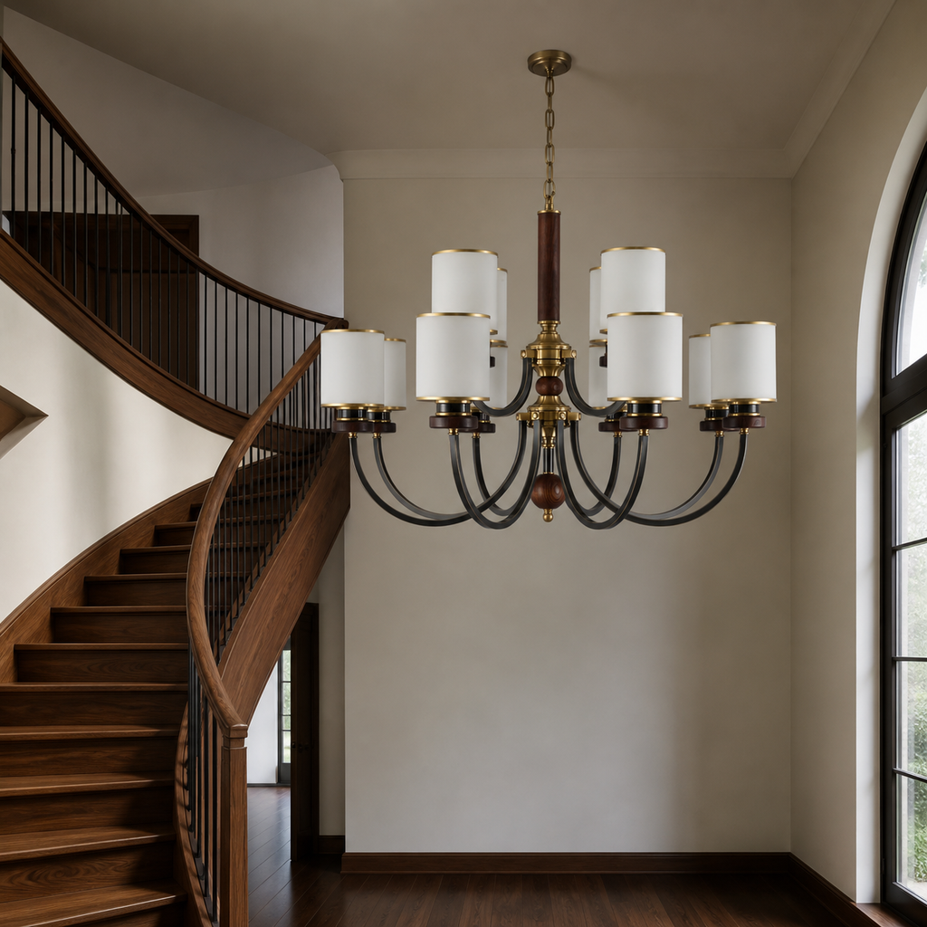 Unlit Ashbourne twelve-light two-tier chandelier in a stair hall with a short chain and flush ceiling canopy
