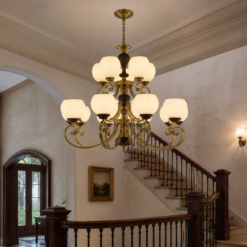 Aurellane fifteen-light two-tier chandelier above an American vintage stair hall with a short chain and flush ceiling canopy