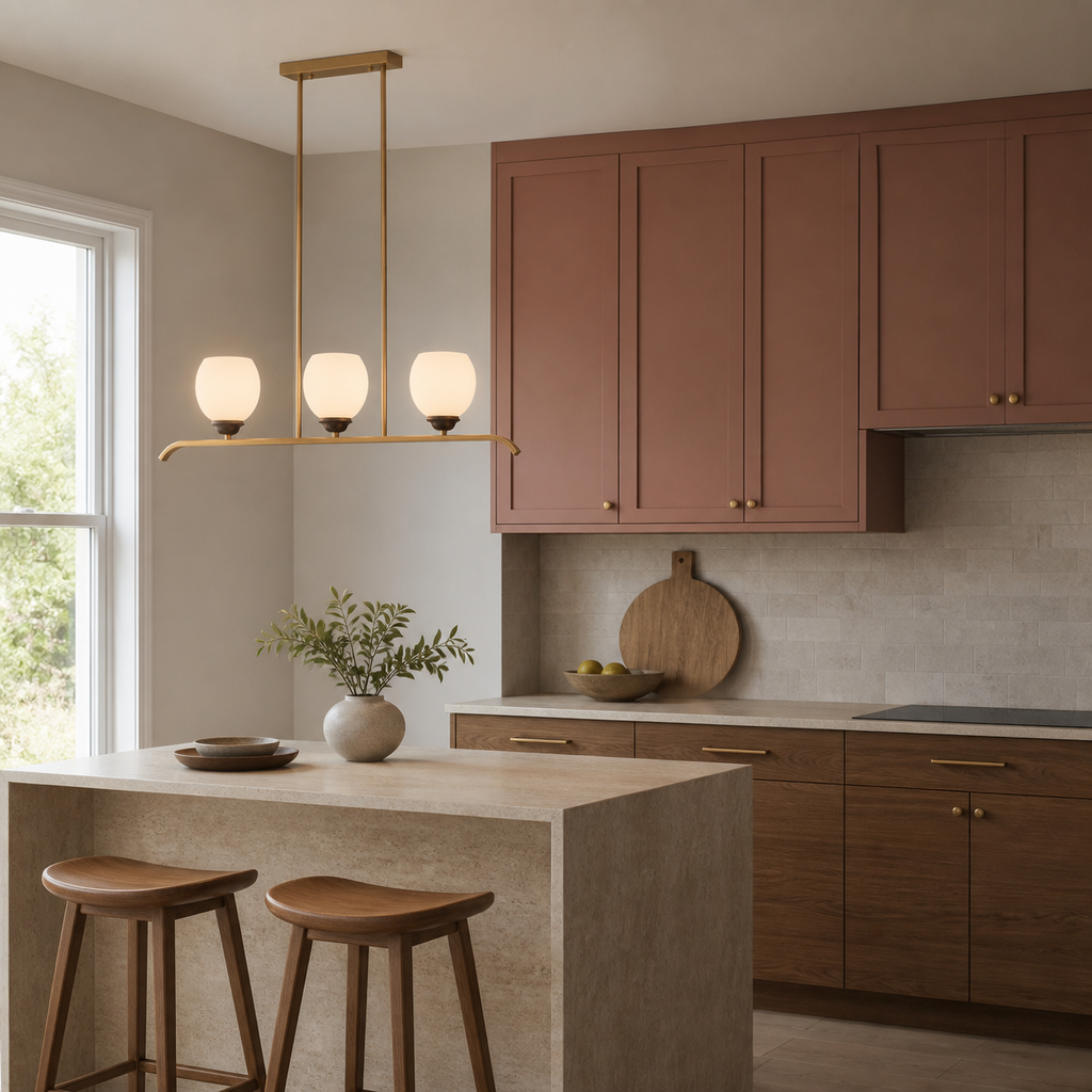 Avelune three-light linear chandelier placed off-center above a travertine island with a flush ceiling canopy