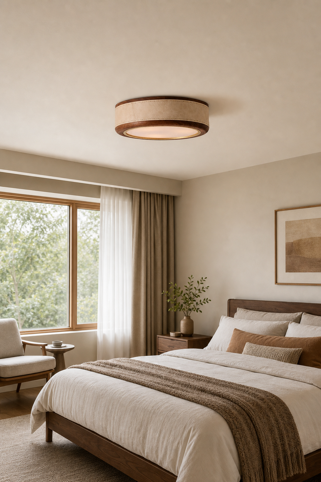 Modern Handmade Leather & Wood Ring Ceiling Light