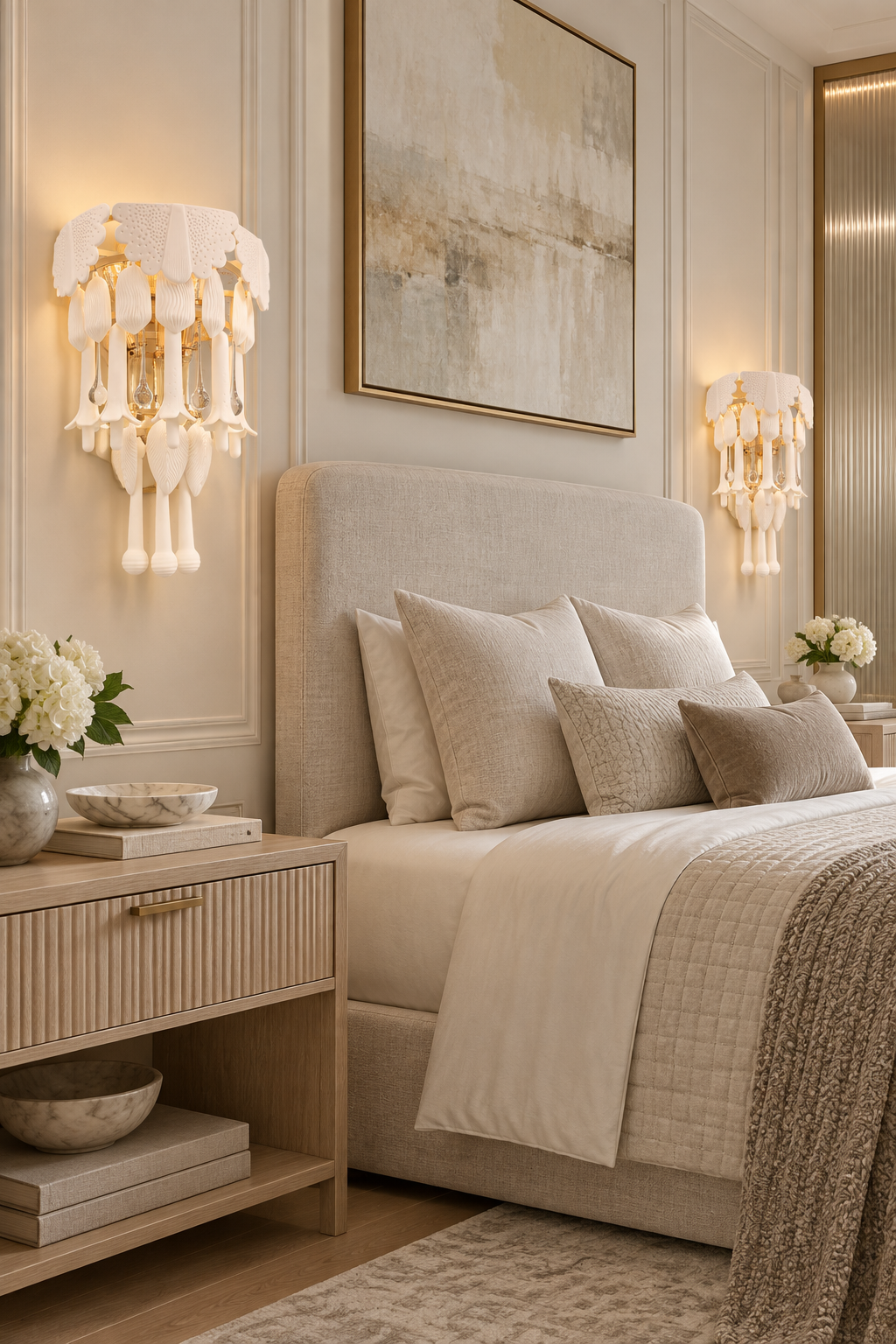 Pair of Muguetelle ivory ceramic wall sconces installed beside a luxury bed