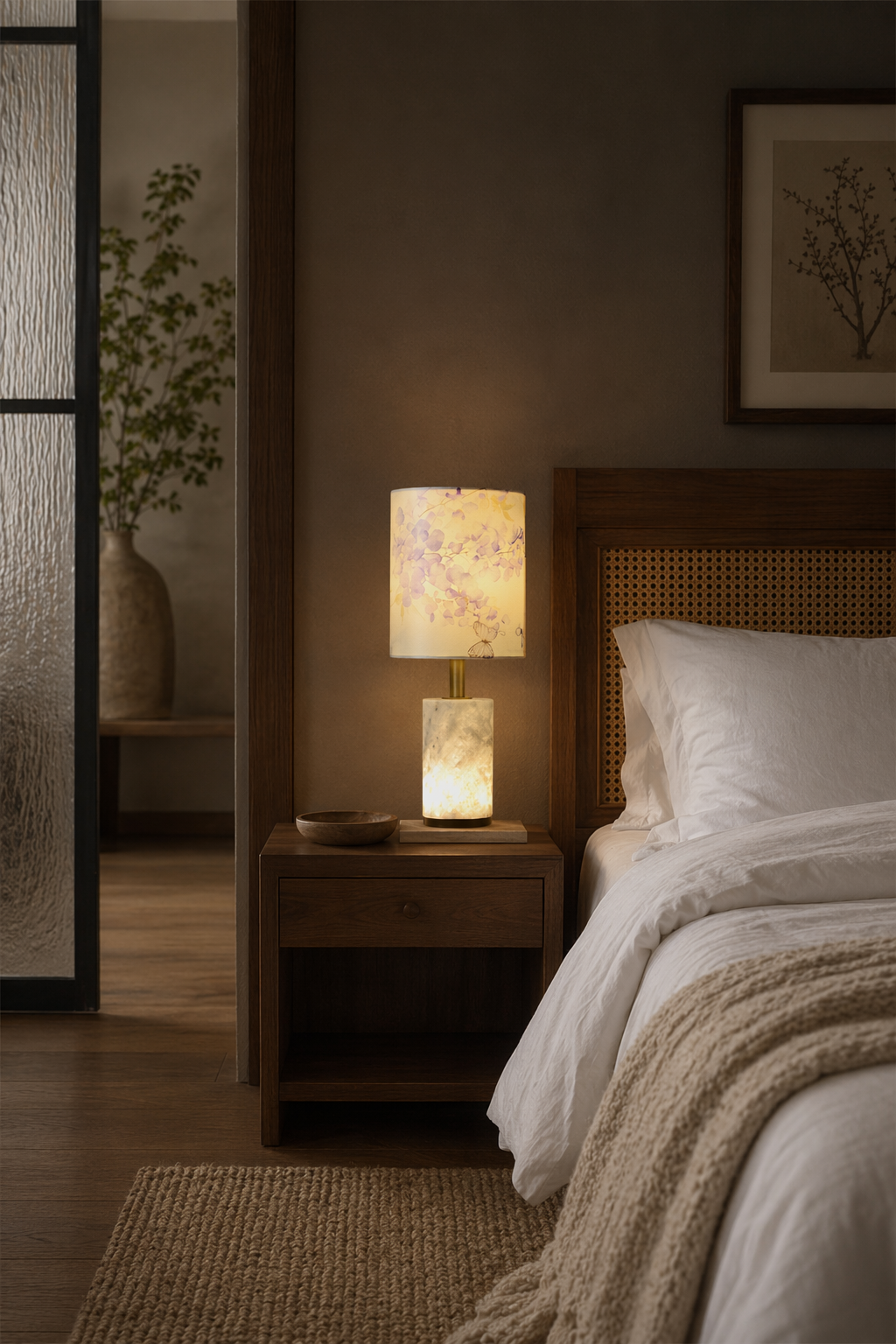 Modern Purple Floral Fabric Shade Table Lamp - generated main 02 02-bedroom-wide