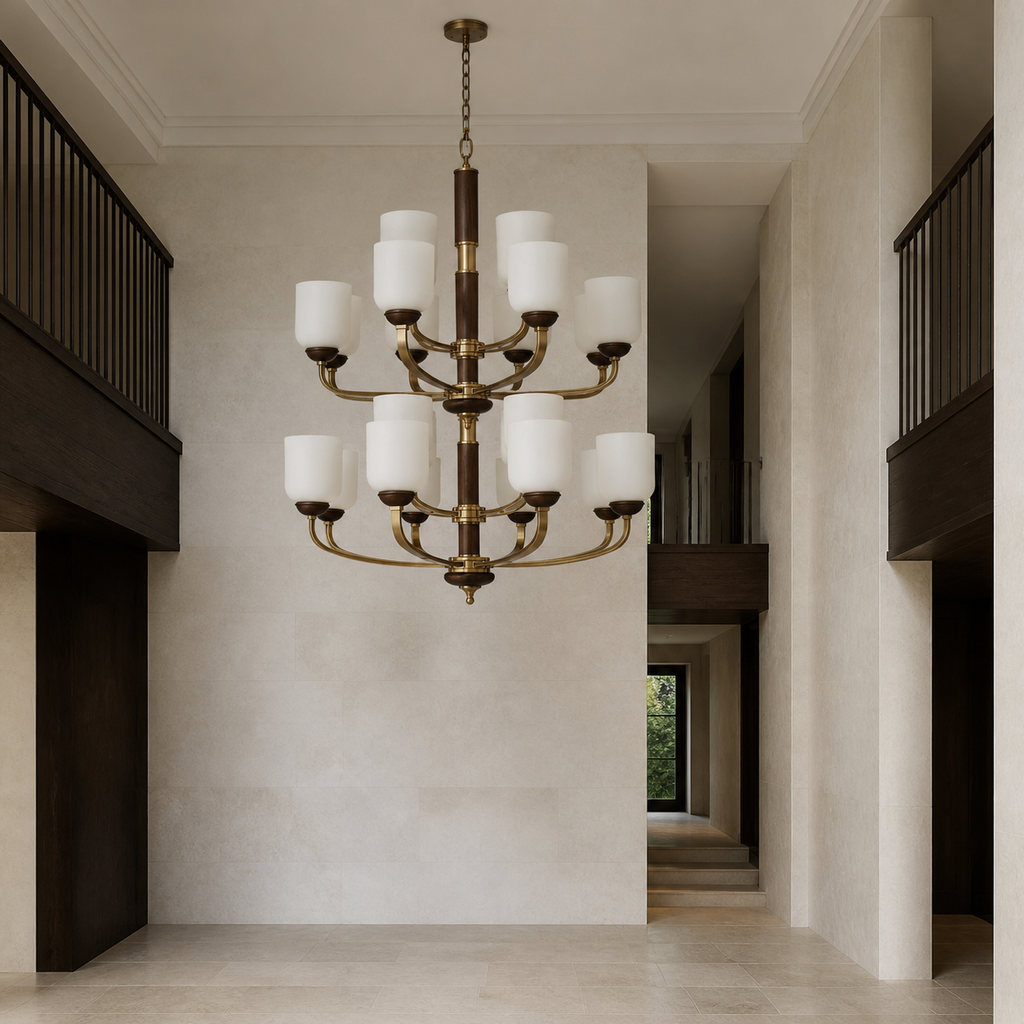 Unlit Bellgrave fifteen-light two-tier chandelier in a double-height foyer with a short chain and flush ceiling canopy
