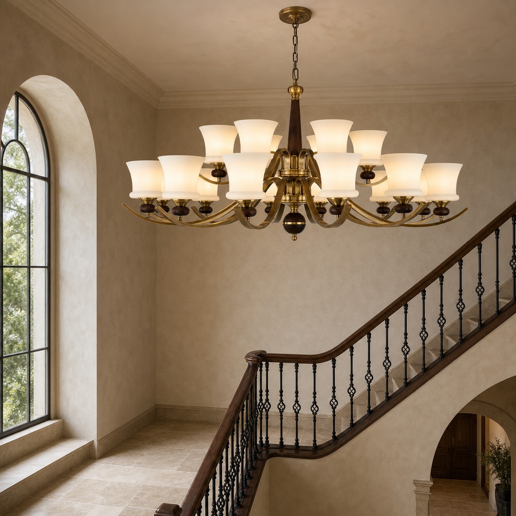 Brontelle fifteen-light two-tier chandelier above a double-height stair hall with a flush ceiling canopy
