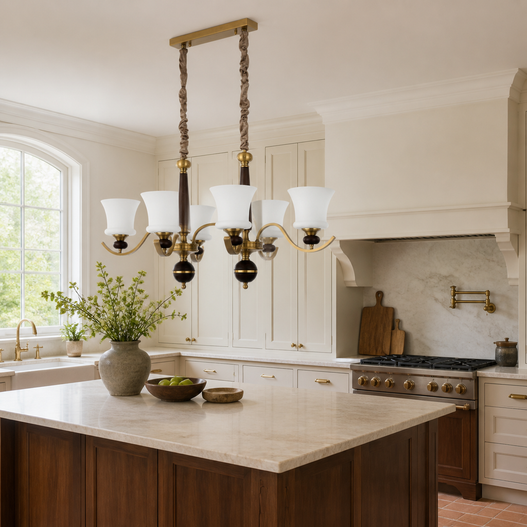 Unlit Brontelle six-light linear chandelier placed off-center above a walnut kitchen island