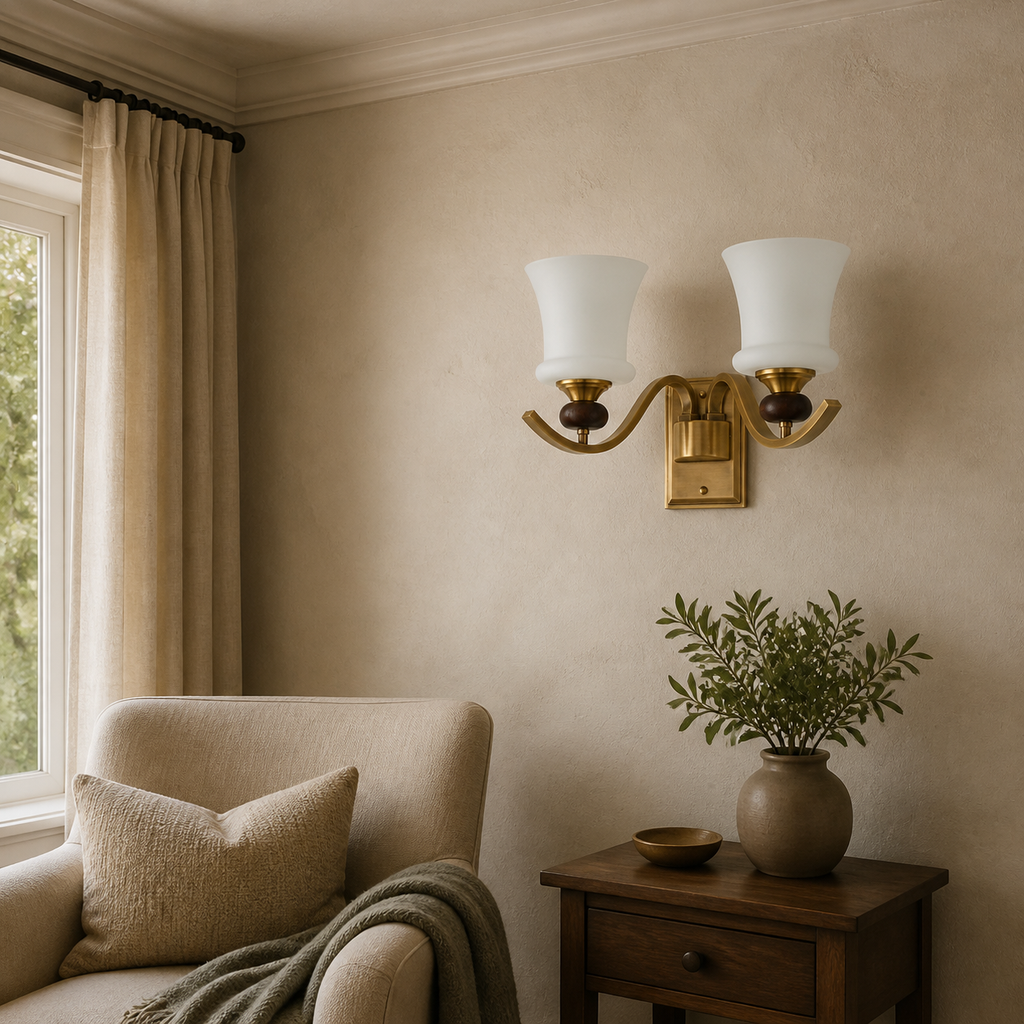 Unlit Brontelle two-light wall sconce placed off-center in a reading nook