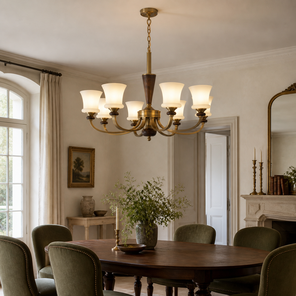 Caldrienne eight-light chandelier illuminated in a light French dining room
