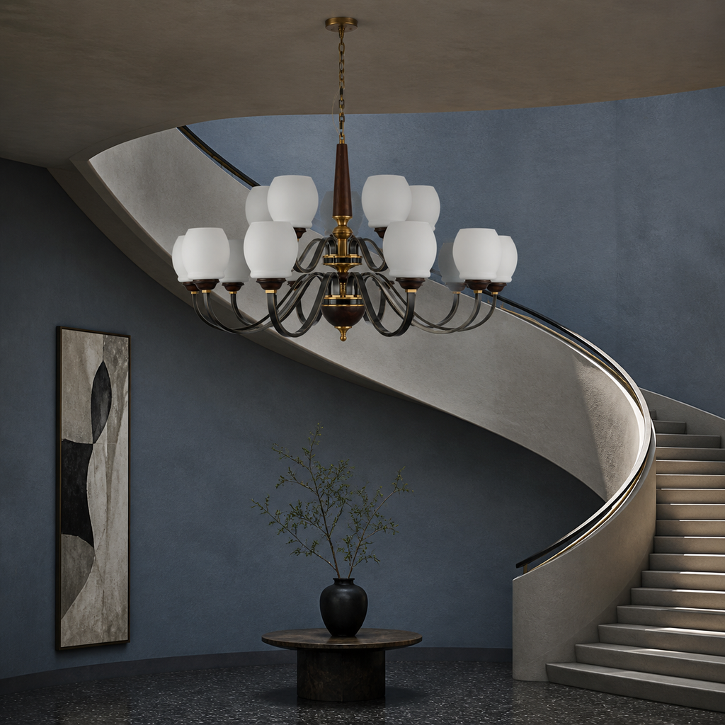Unlit Caldwell fifteen-light two-tier chandelier in a blue-grey curved-stair foyer with a flush ceiling canopy