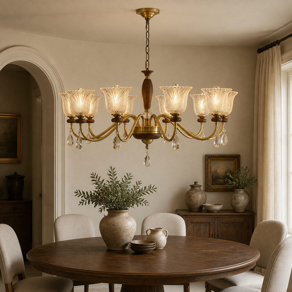 Cognelle ten-light chandelier illuminated above a walnut dining table