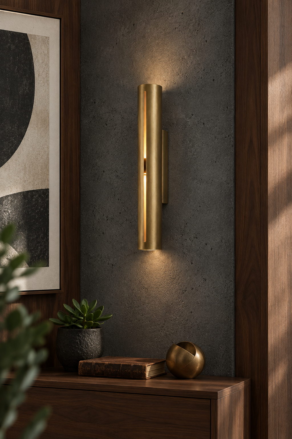 1210 brass cylinder wall sconce on a charcoal concrete and walnut wall