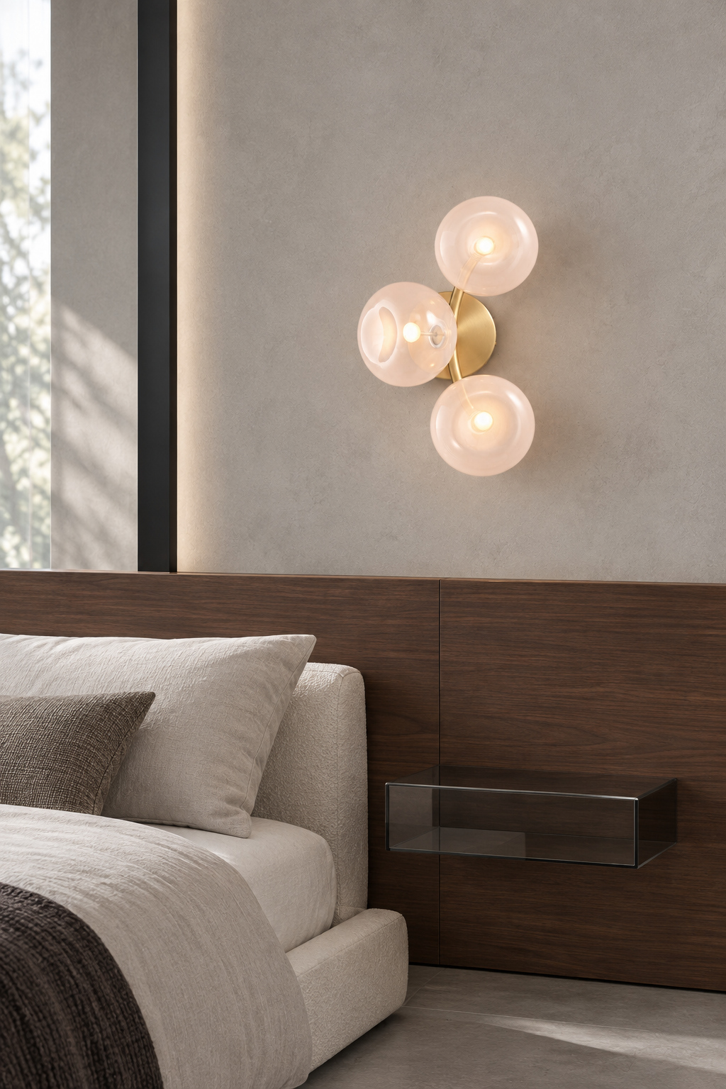 Modern Glass Globe Branch Wall Sconce in Natural Brass - 3-shade blush glass sconce in minimalist bedroom