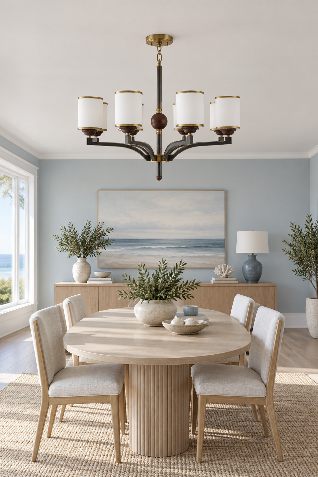 Cylmere six-light chandelier centered above an oval oak table in a coastal-modern dining room, fixture off