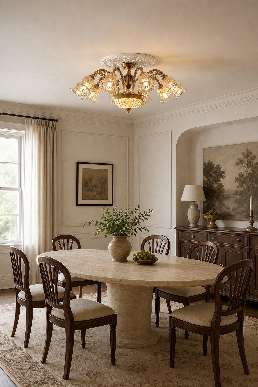 Vintage Brass Floral Glass Flush Mount dining room wide