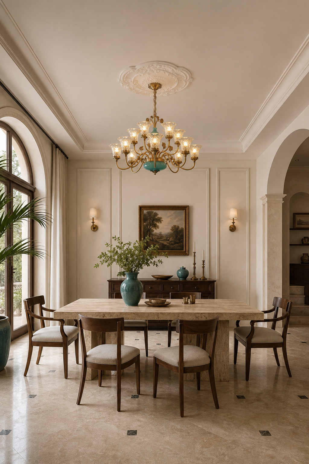Tiffany Blue Ceramic Two-Tier Chandelier dining room wide
