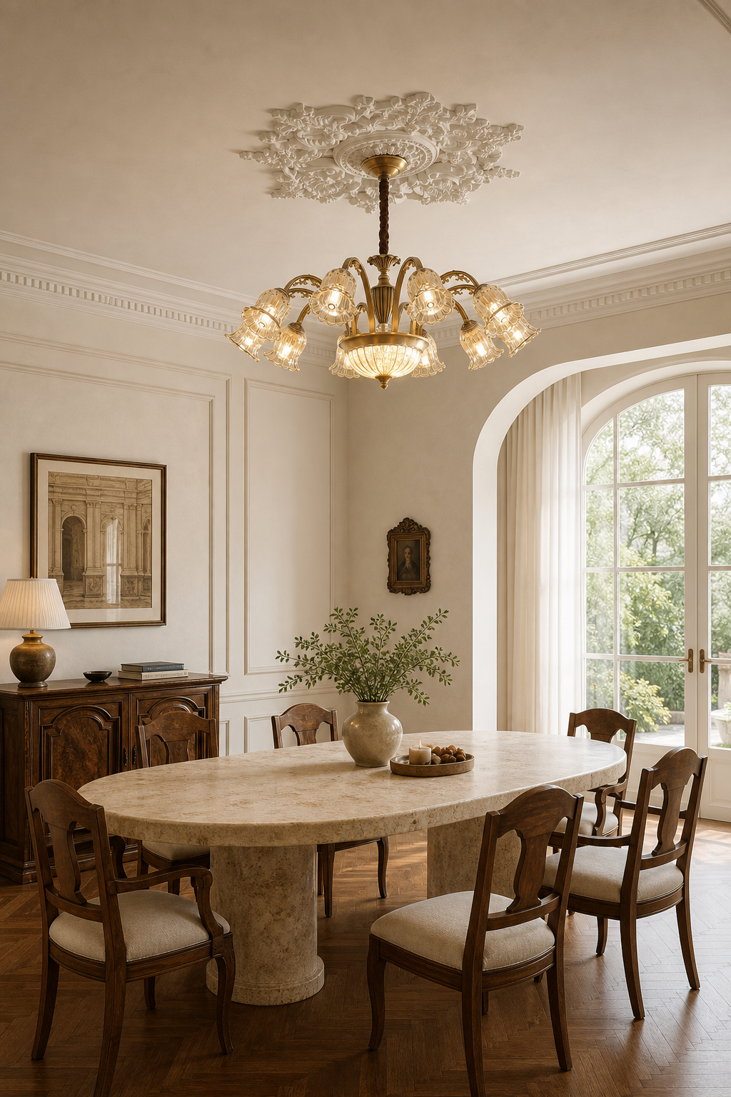 Vintage Brass Floral Glass Chandelier dining room wide