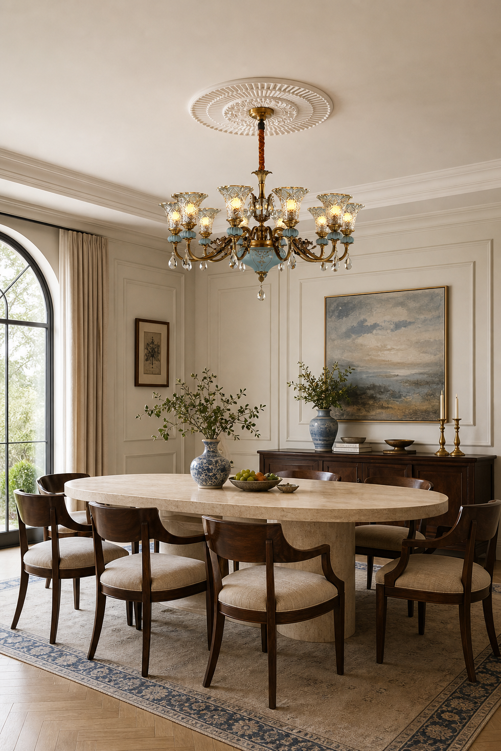 Blue Glazed Ceramic Brass Chandelier dining room wide