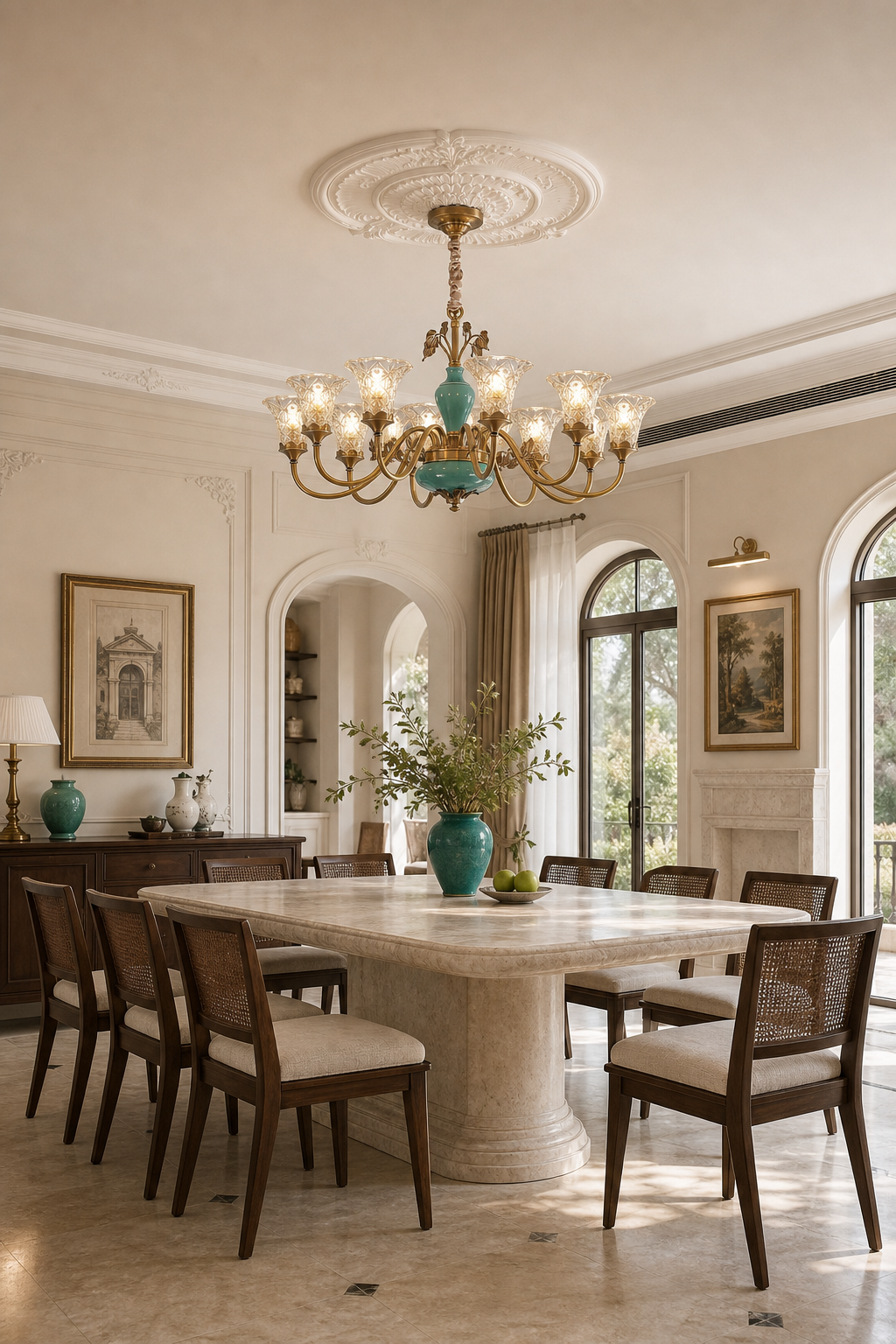 Tiffany Blue Ceramic Brass Chandelier dining room wide