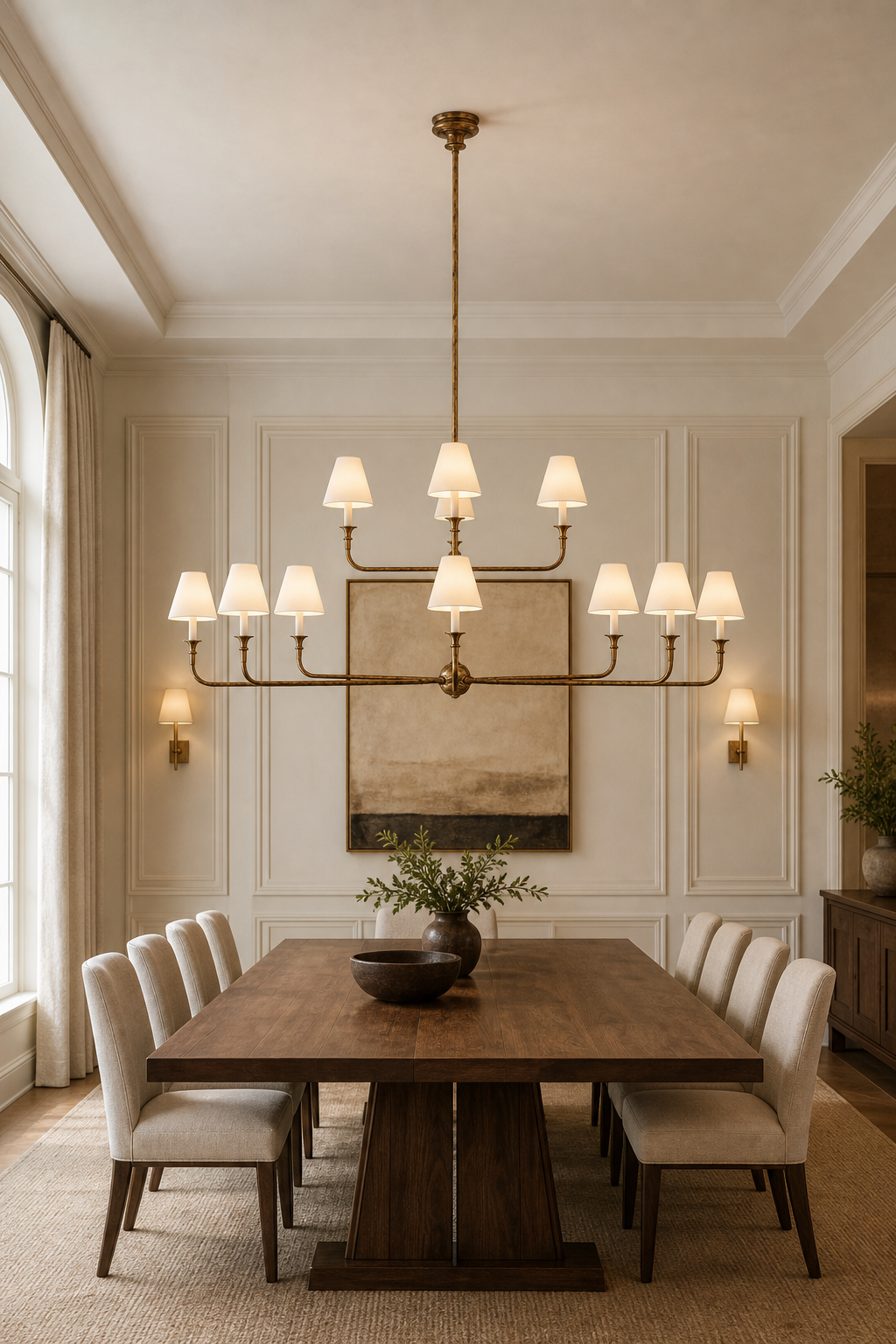 Tiered Brass and Fabric Linear Chandelier shown over a formal dining table, view 2