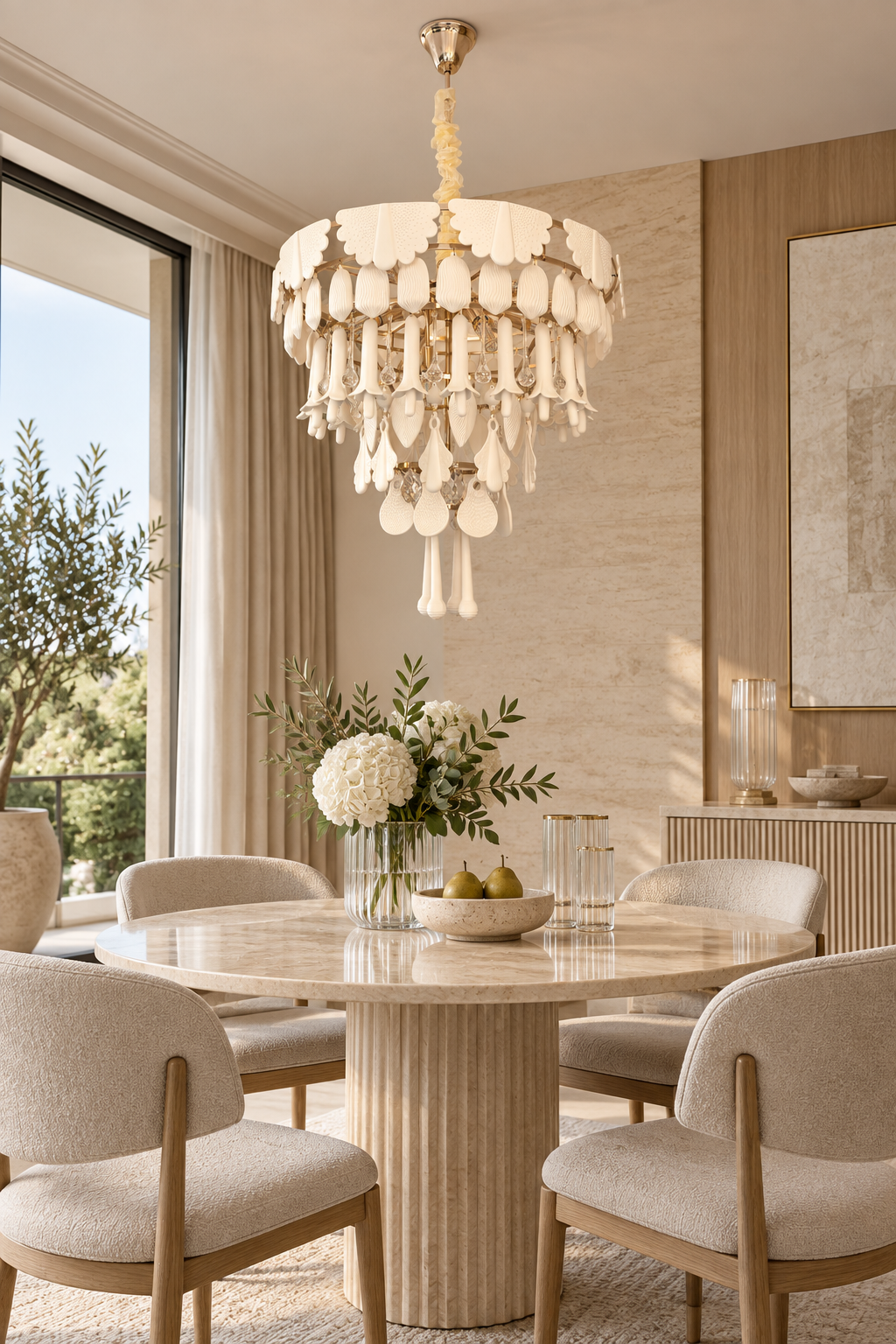 Muguetelle ivory ceramic chandelier installed over a light luxury dining table