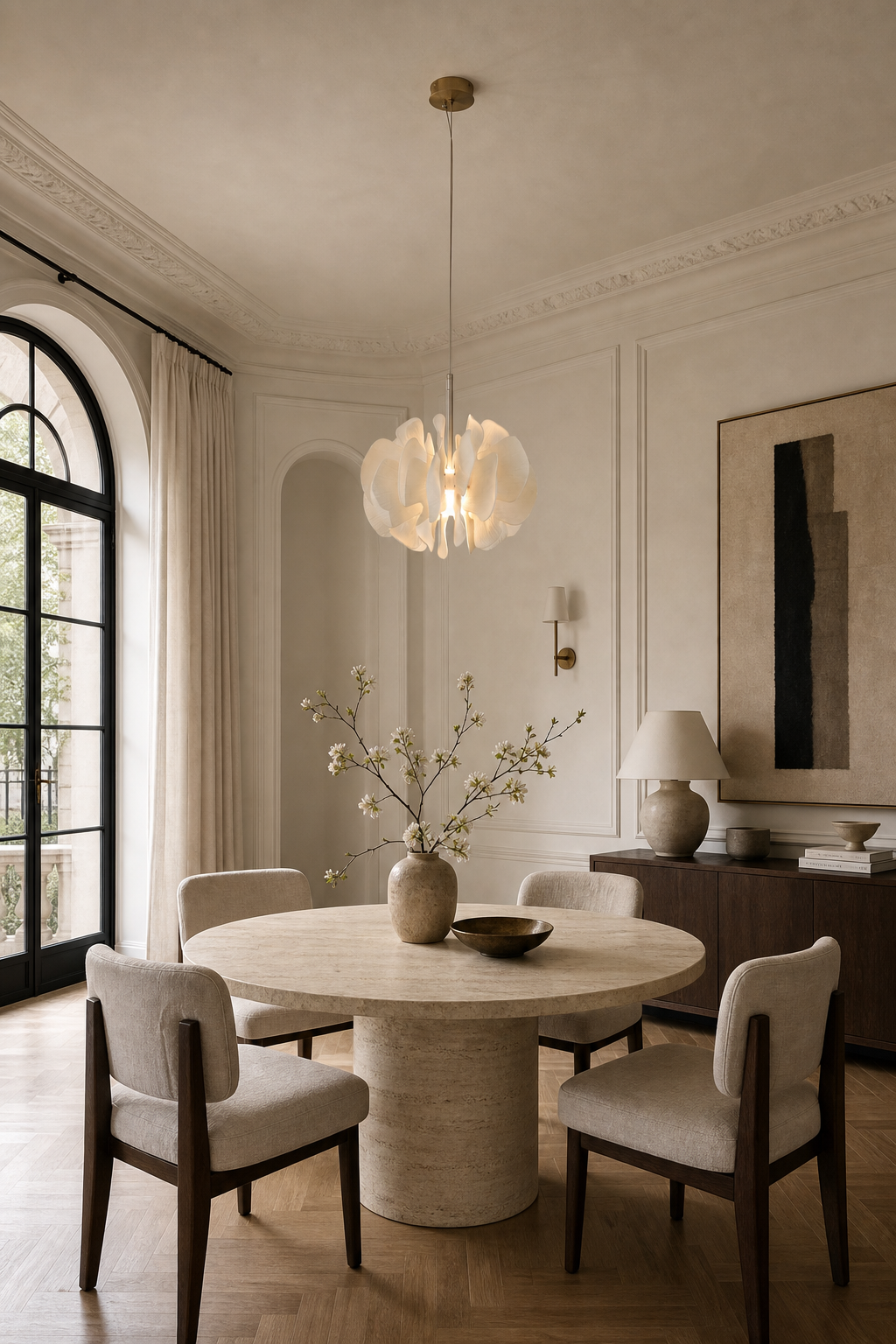 Sculptural Ivory Ceramic Petal Pendant dining table wide