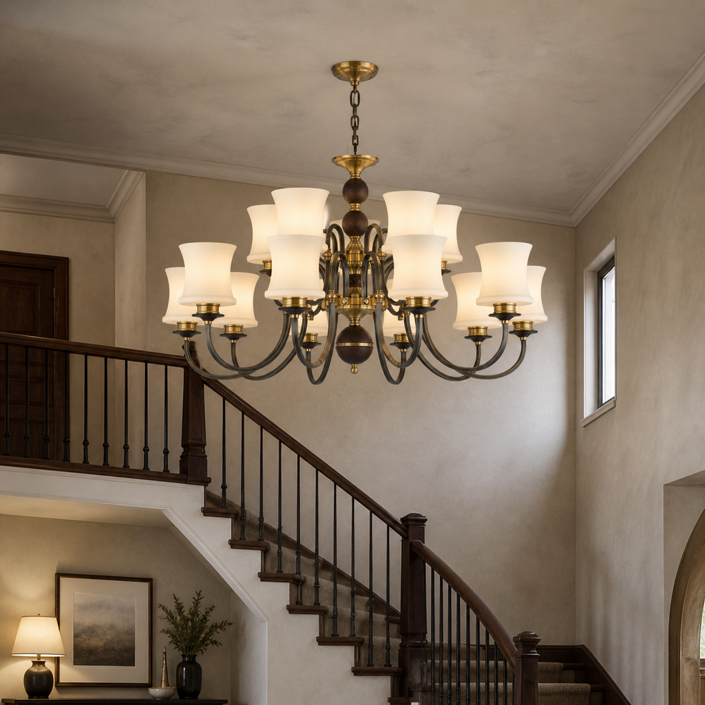 Ebonelle fifteen-light two-tier chandelier above an American vintage stair hall with a short chain and flush ceiling canopy