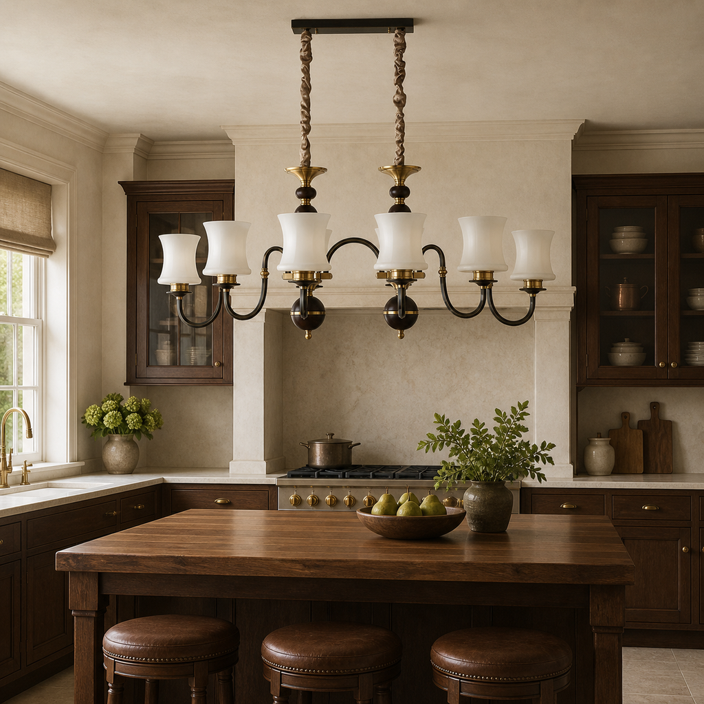 Unlit Ebonelle six-light linear chandelier centered above a walnut kitchen island with canopy flush to the ceiling