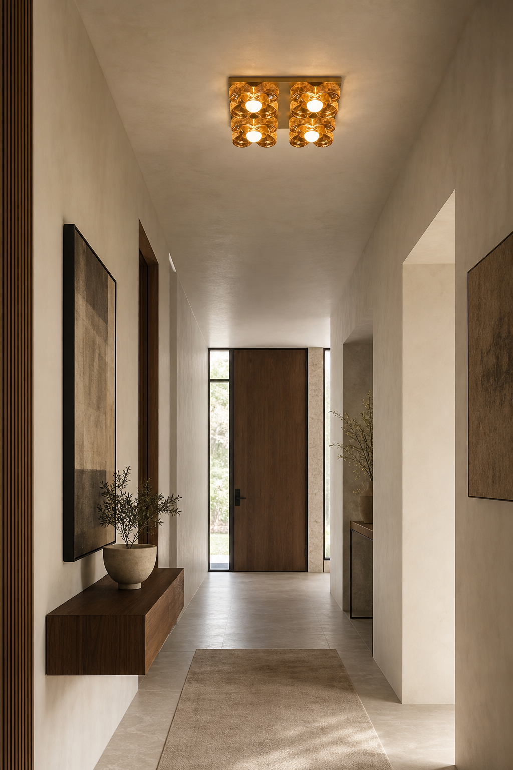4-Light Amber Glass Flush Mount Ceiling Light installed in an entry or hallway