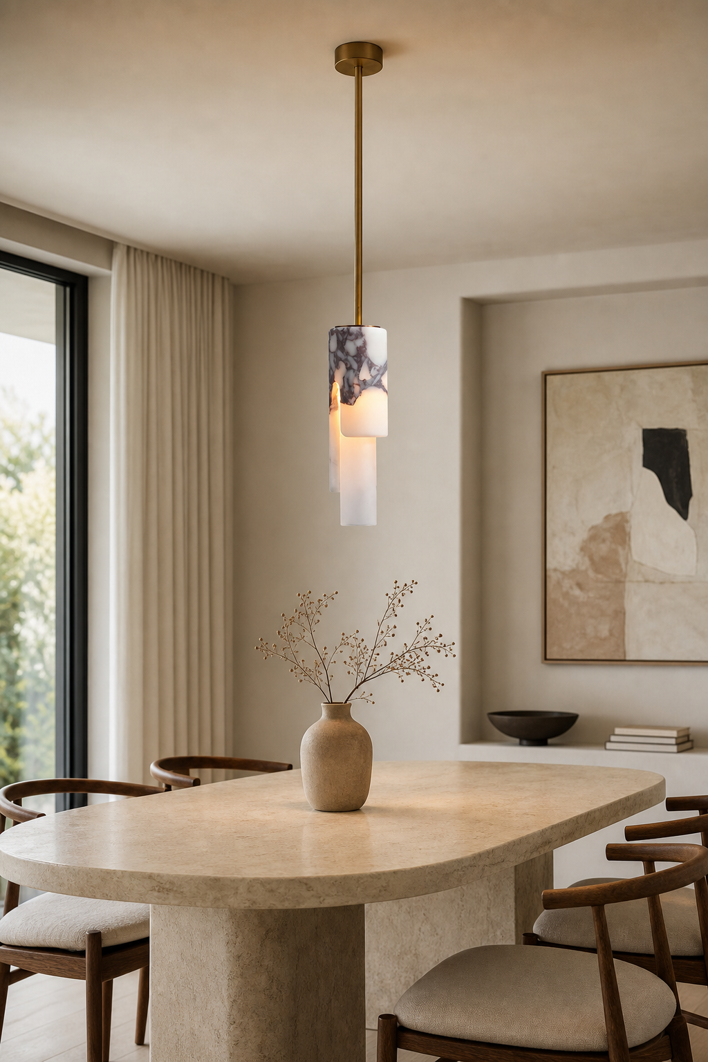 Modern Slim Stone Cylinder Pendant Light - 02 02-generated-dining-scene