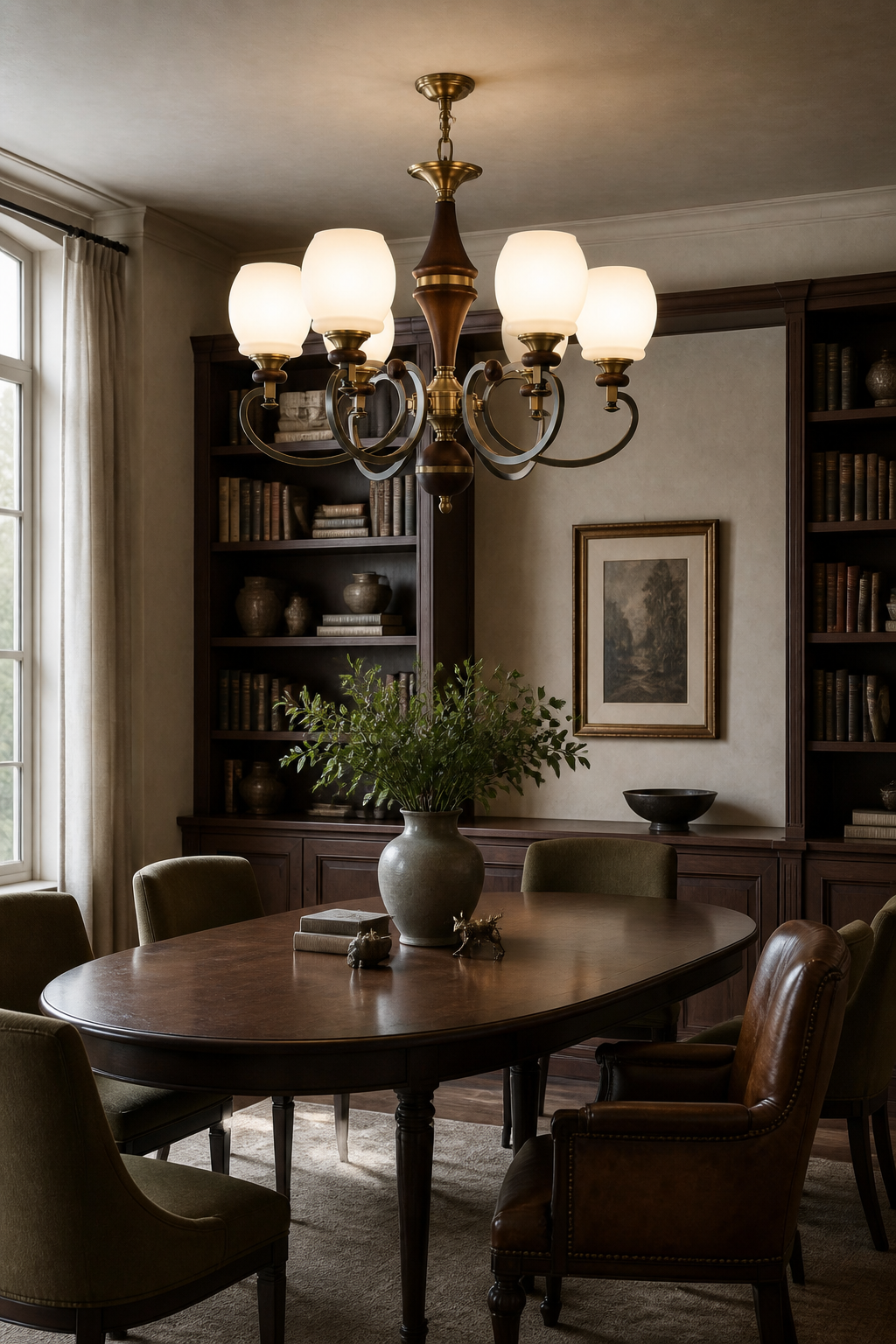 Briarwood chandelier above a collector library dining table