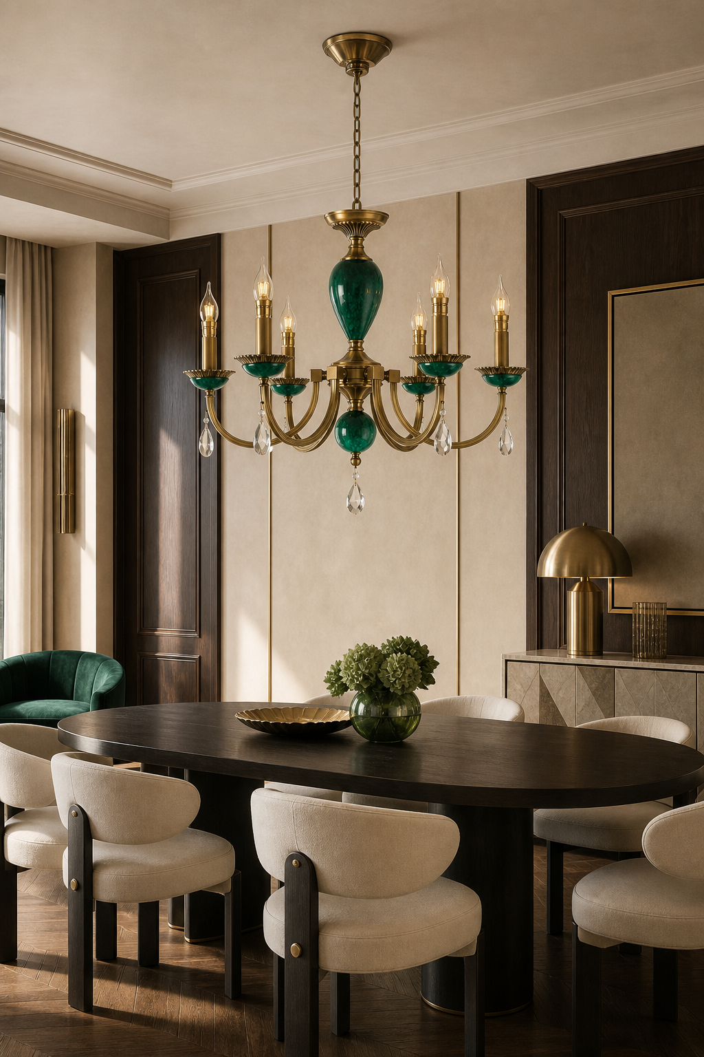 Valeria chandelier in an art deco jewel-toned interior